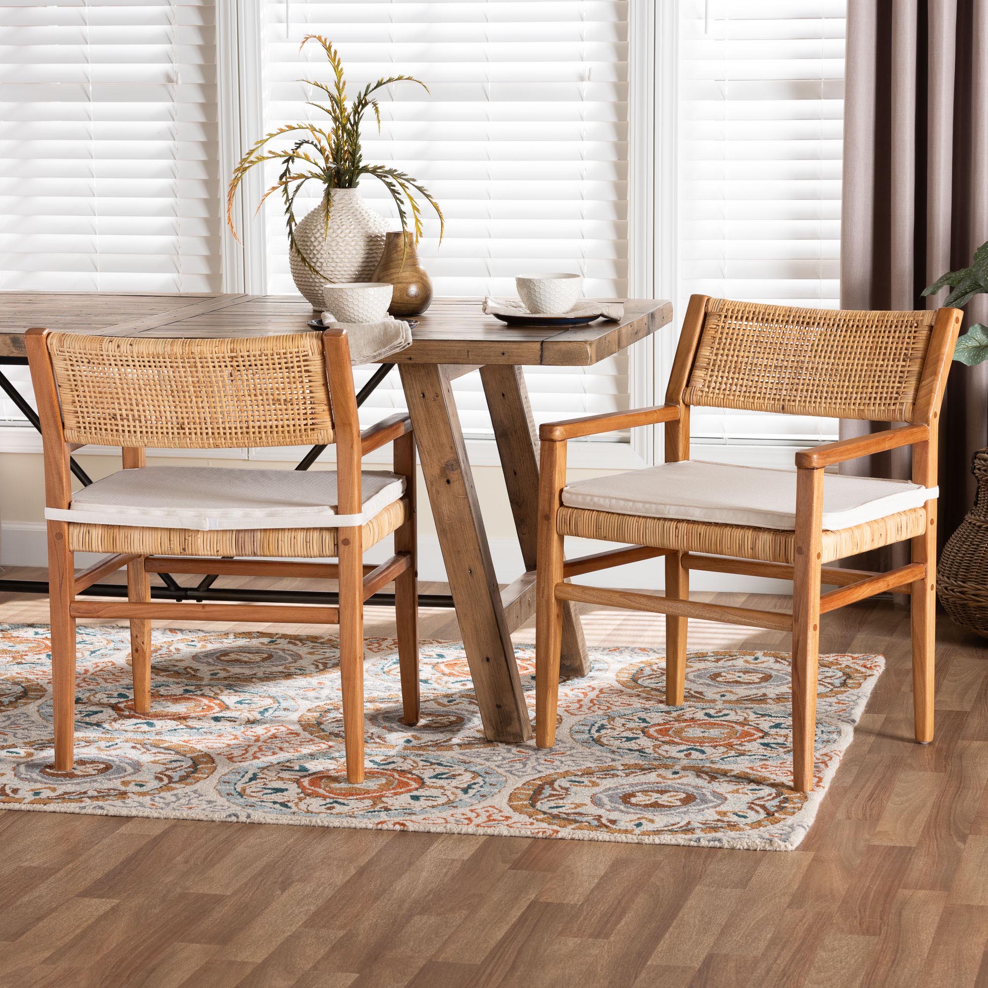 bali & pari Chatura Natural Rattan and Mahogany Wood 2-Piece Dining Armchair Set - Handwoven Wicker Dining Chair with Angled Back, Coastal Boho Seating for Dining or Kitchen