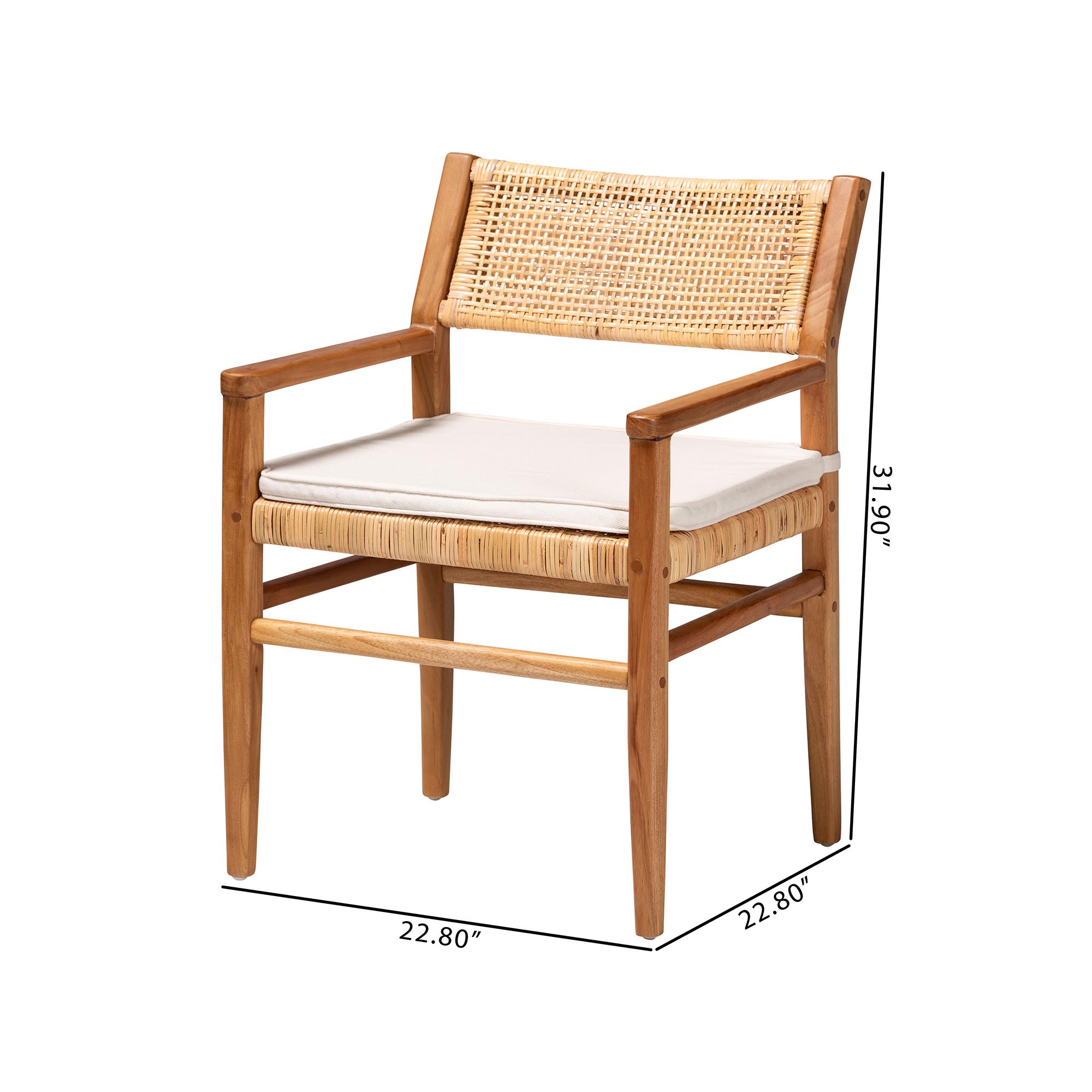 bali & pari Chatura Natural Rattan and Mahogany Wood 2-Piece Dining Armchair Set - Handwoven Wicker Dining Chair with Angled Back, Coastal Boho Seating for Dining or Kitchen