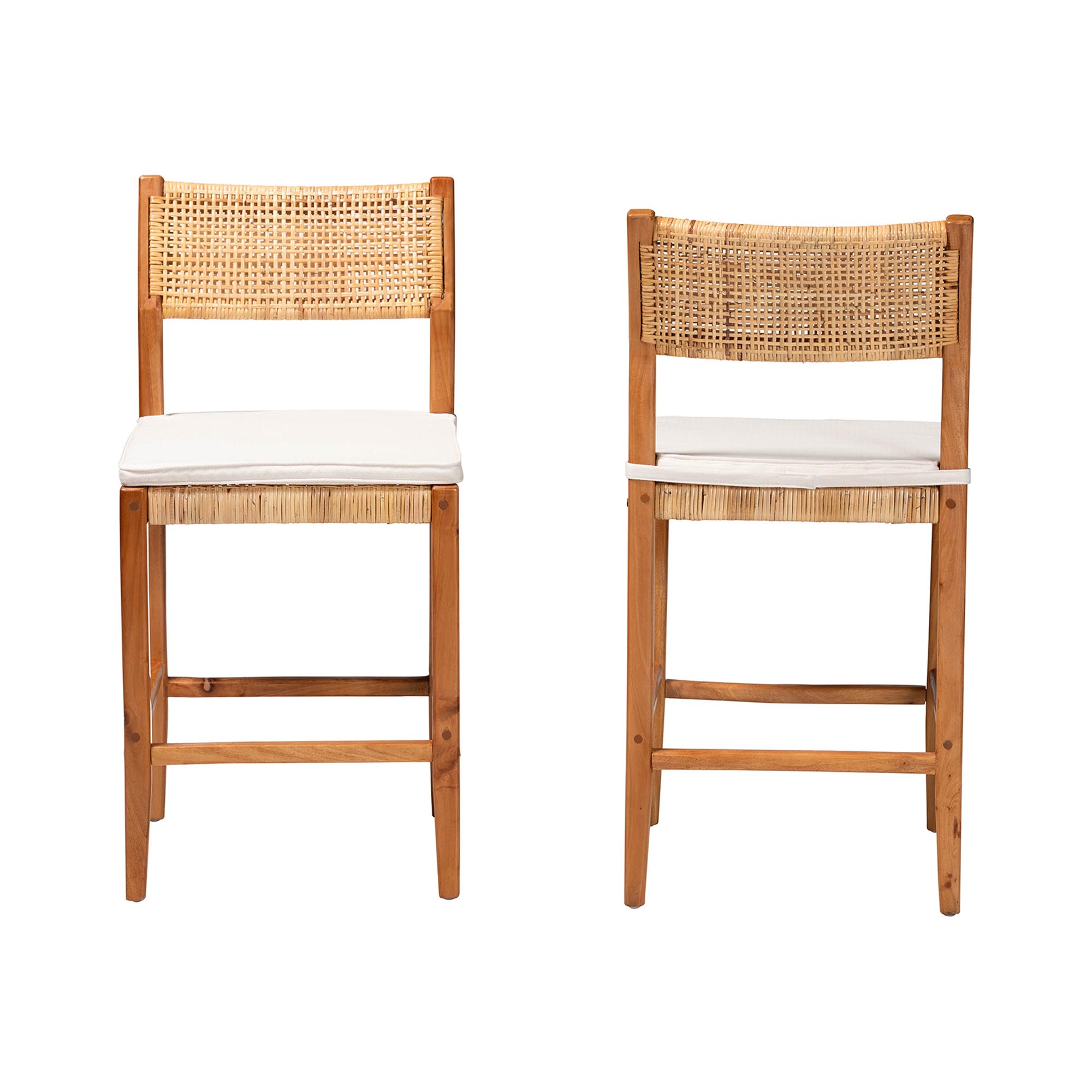 bali & pari Chatura Natural Rattan and Mahogany Wood 2-Piece Counter Stool Set - Handwoven Wicker Stool with Angled Back, Coastal Boho Seating for Kitchen Island, Counter Height