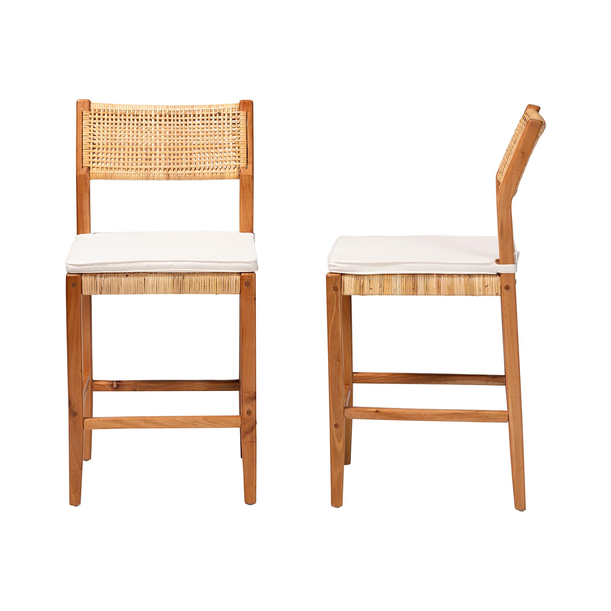 bali & pari Chatura Natural Rattan and Mahogany Wood 2-Piece Counter Stool Set - Handwoven Wicker Stool with Angled Back, Coastal Boho Seating for Kitchen Island, Counter Height