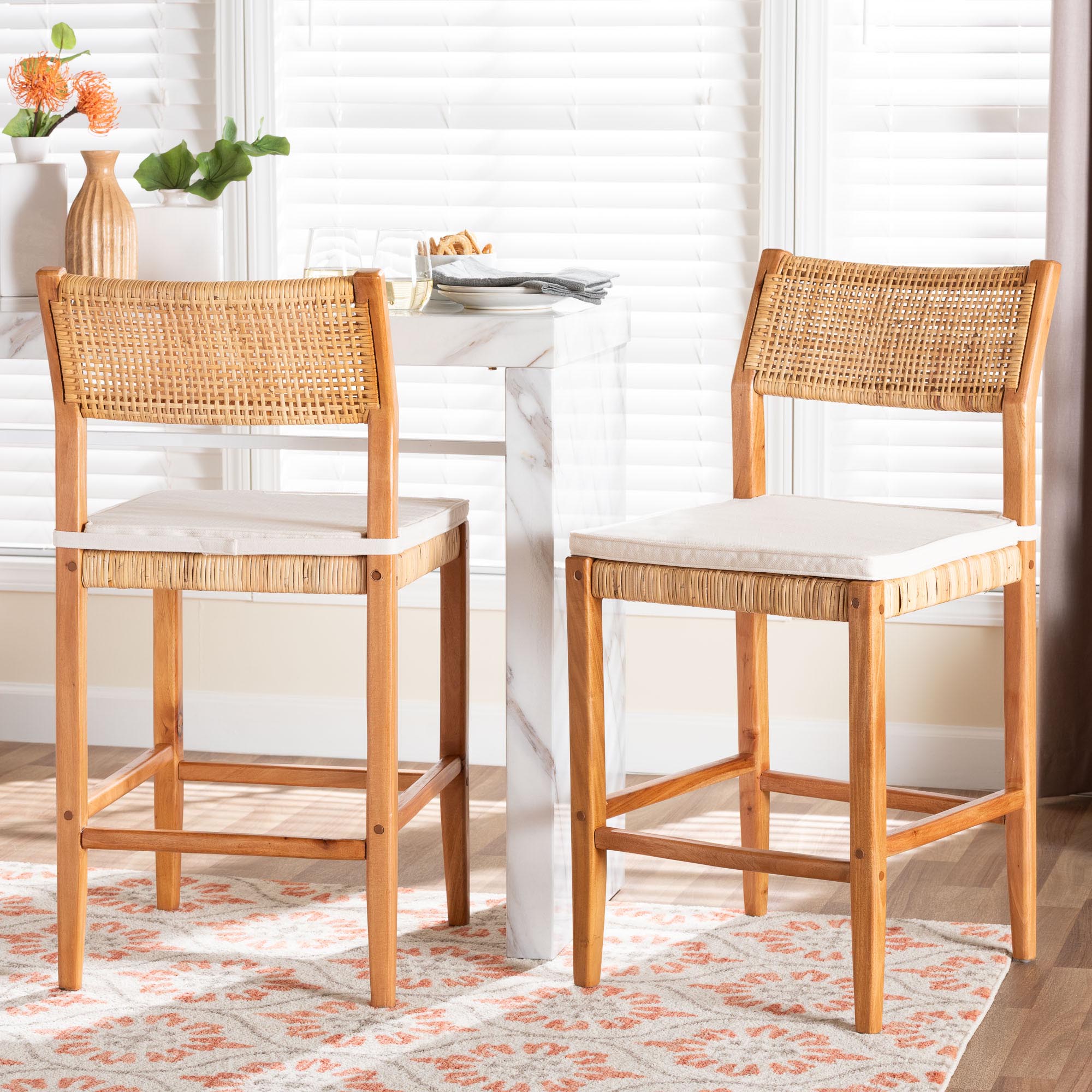 bali & pari Chatura Natural Rattan and Mahogany Wood 2-Piece Counter Stool Set - Handwoven Wicker Stool with Angled Back, Coastal Boho Seating for Kitchen Island, Counter Height
