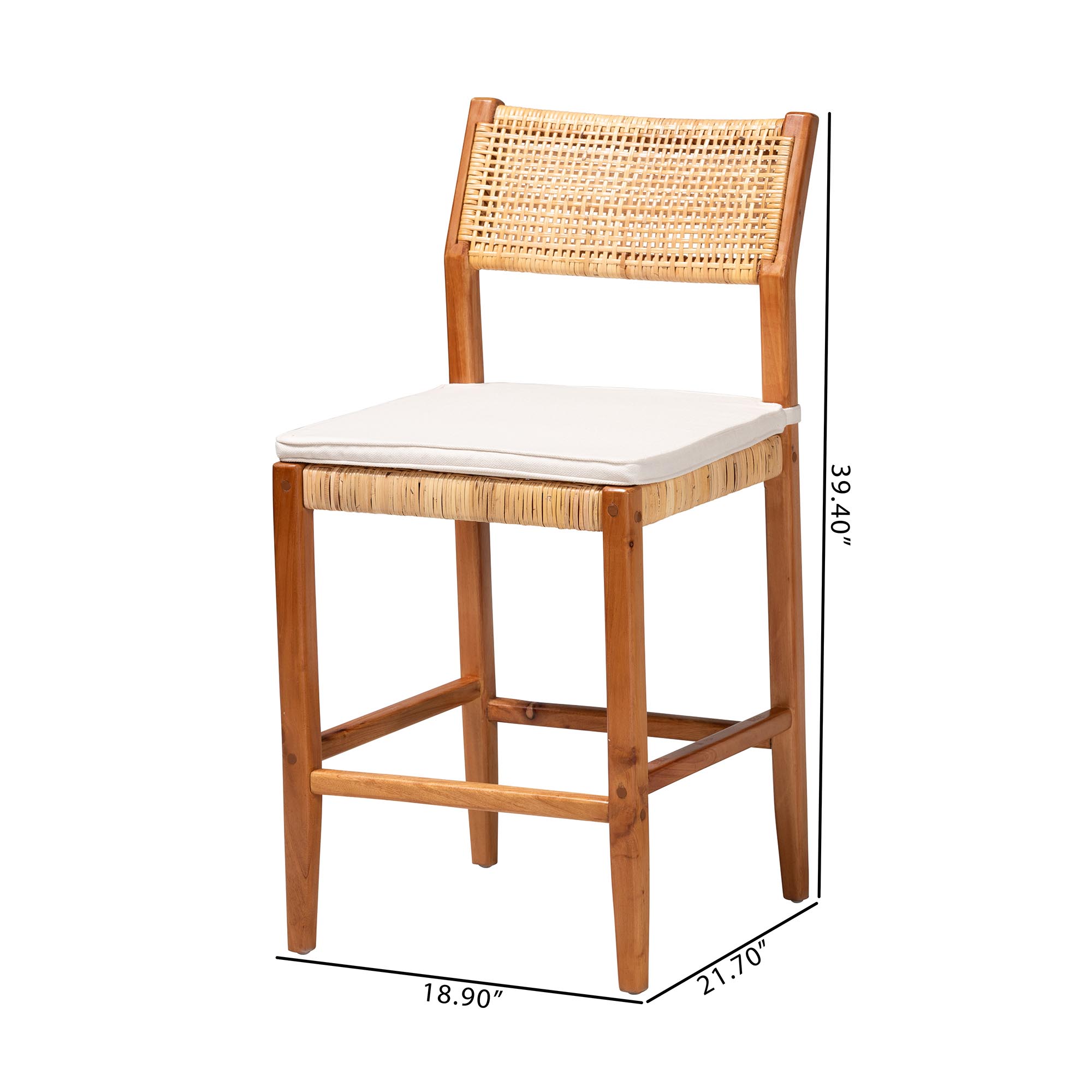 bali & pari Chatura Natural Rattan and Mahogany Wood 2-Piece Counter Stool Set - Handwoven Wicker Stool with Angled Back, Coastal Boho Seating for Kitchen Island, Counter Height