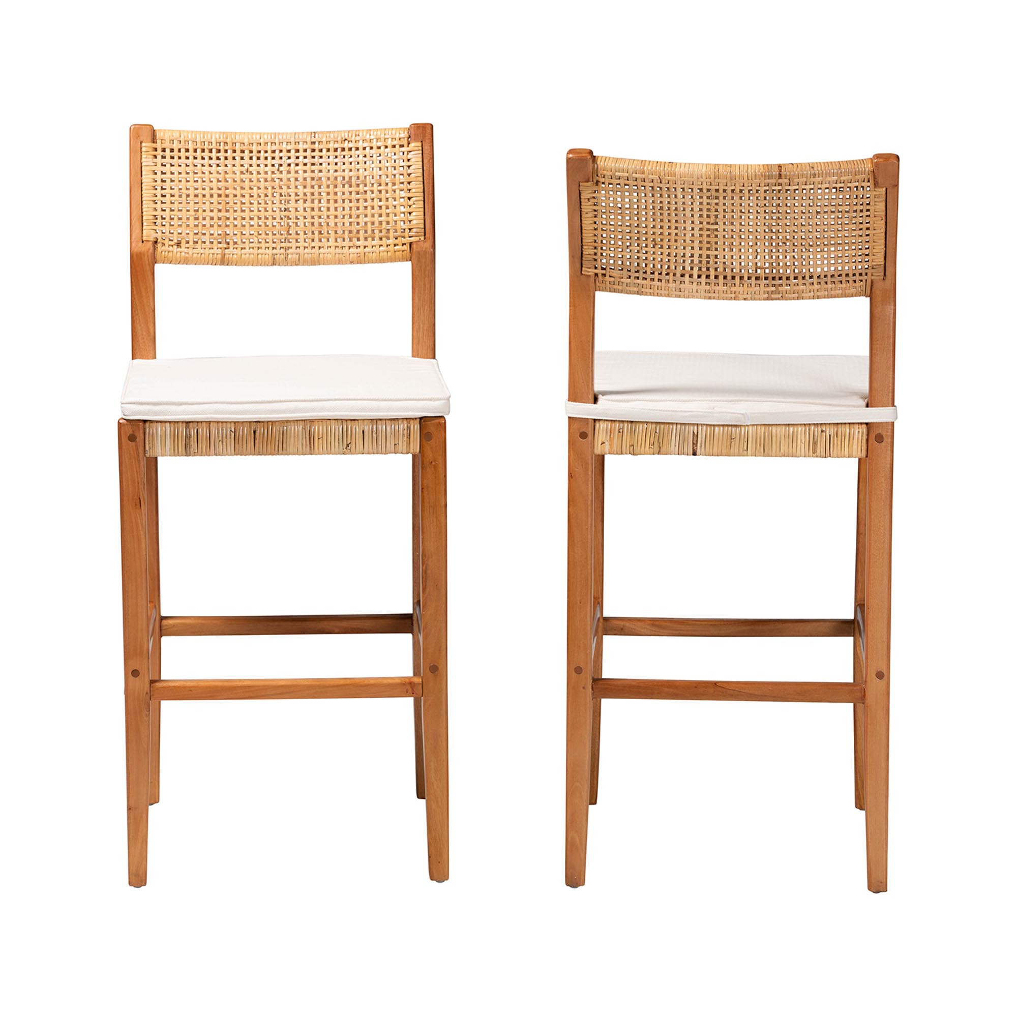bali & pari Chatura Natural Rattan and Mahogany Wood 2-Piece Bar Stool Set - Handwoven Wicker Stool with Angled Back, Coastal Boho Seating for Lounge, Bar Height