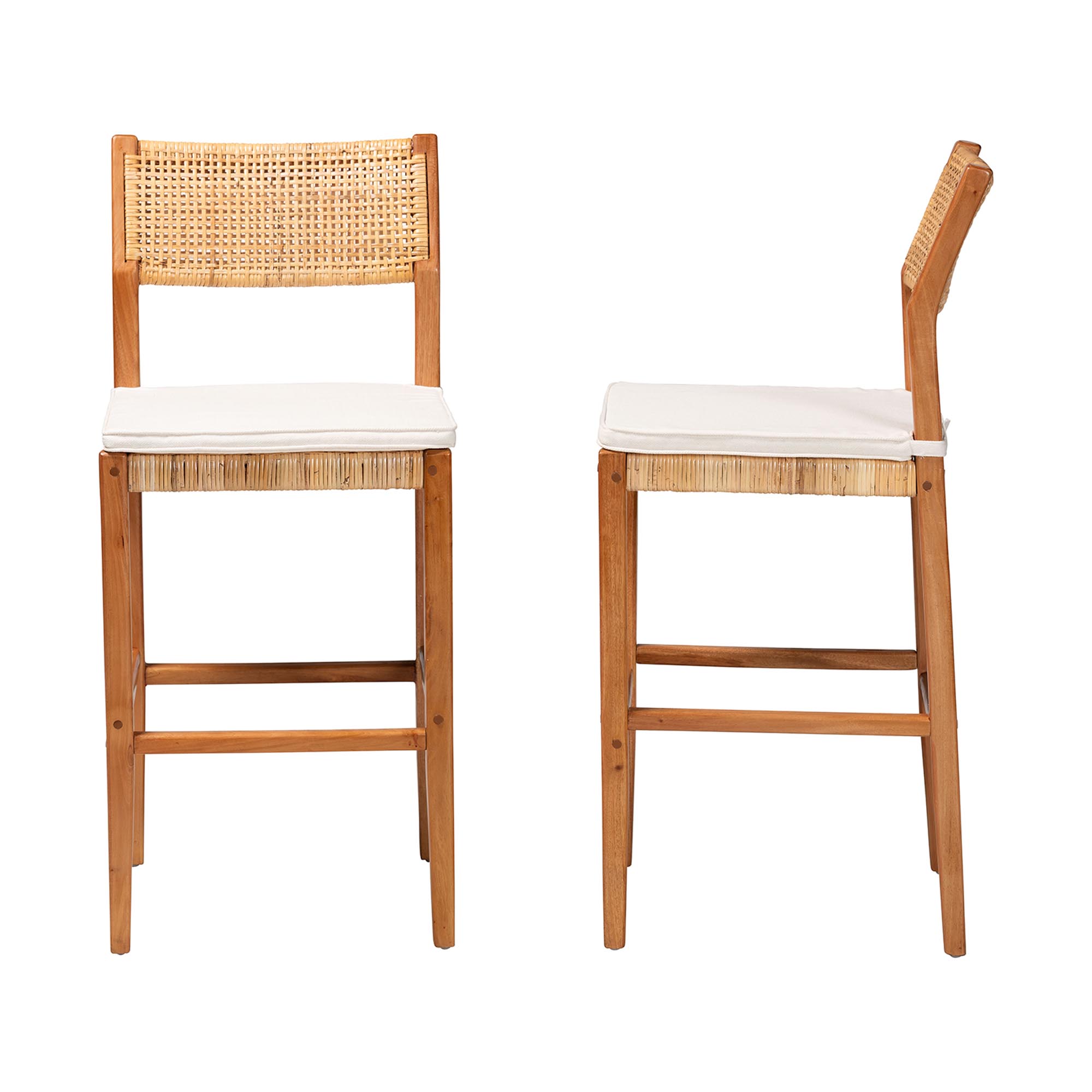 bali & pari Chatura Natural Rattan and Mahogany Wood 2-Piece Bar Stool Set - Handwoven Wicker Stool with Angled Back, Coastal Boho Seating for Lounge, Bar Height