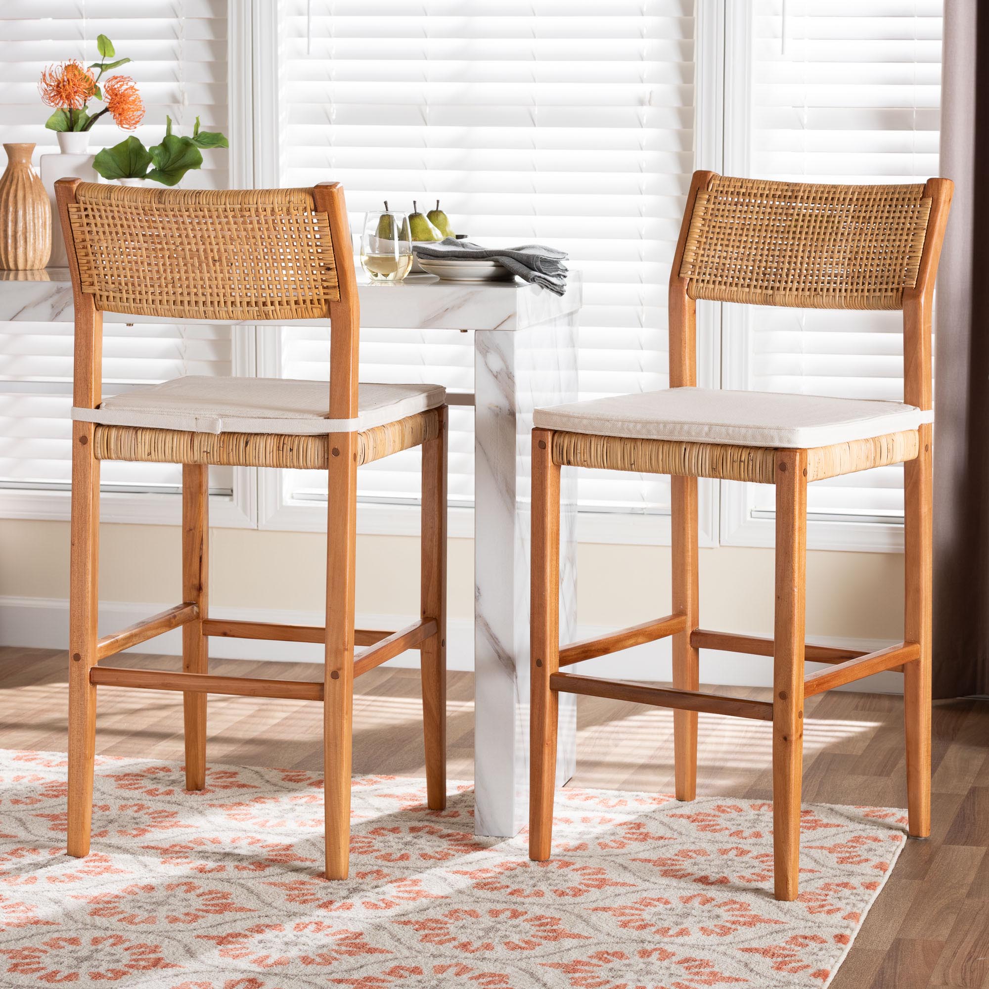 bali & pari Chatura Natural Rattan and Mahogany Wood 2-Piece Bar Stool Set - Handwoven Wicker Stool with Angled Back, Coastal Boho Seating for Lounge, Bar Height