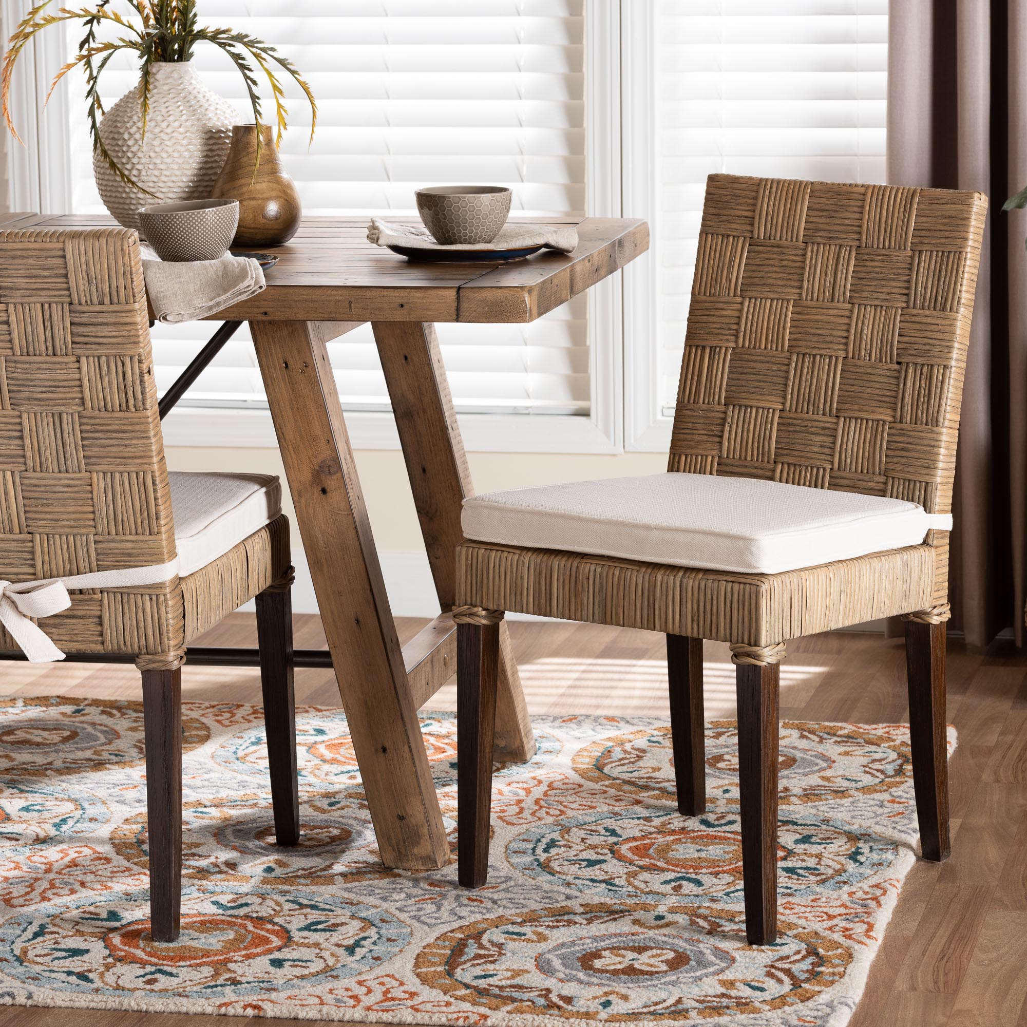 bali & pari Fatima Natural Rattan Dining Chair with Cushion - Handwoven Wicker Side Chair with Basketweave Back and Seat, Coastal Boho Seating for Dining Room or Kitchen