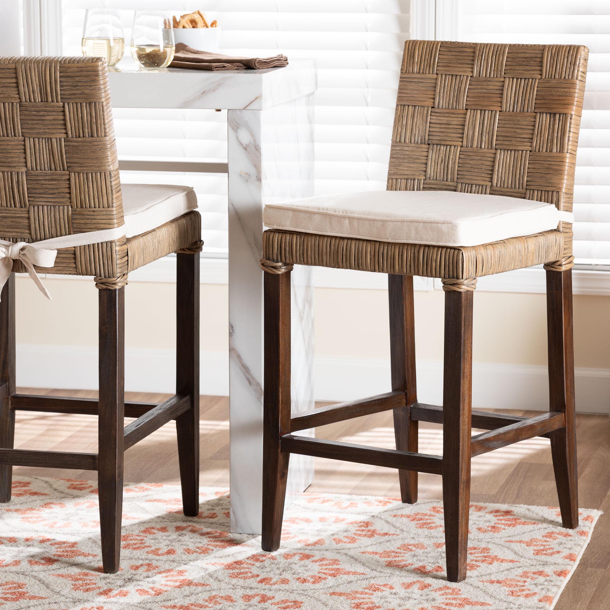 bali & pari Fatima Natural Rattan Counter Stool with Cushion - Handwoven Wicker Stool with Basketweave Back and Seat, Coastal Boho Seating for Kitchen or Dining Area