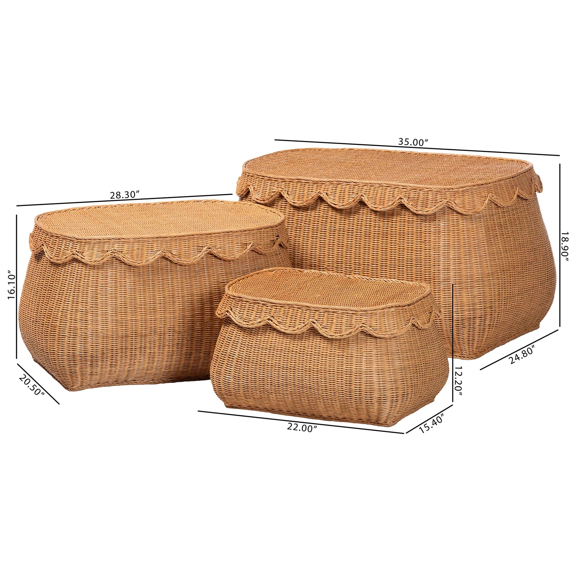bali & pari Ayleen Natural Rattan Basket Set with Scalloped Lids - Handwoven Wicker Storage Boxes, Boho Coastal Home Decor, 3-Piece Set
