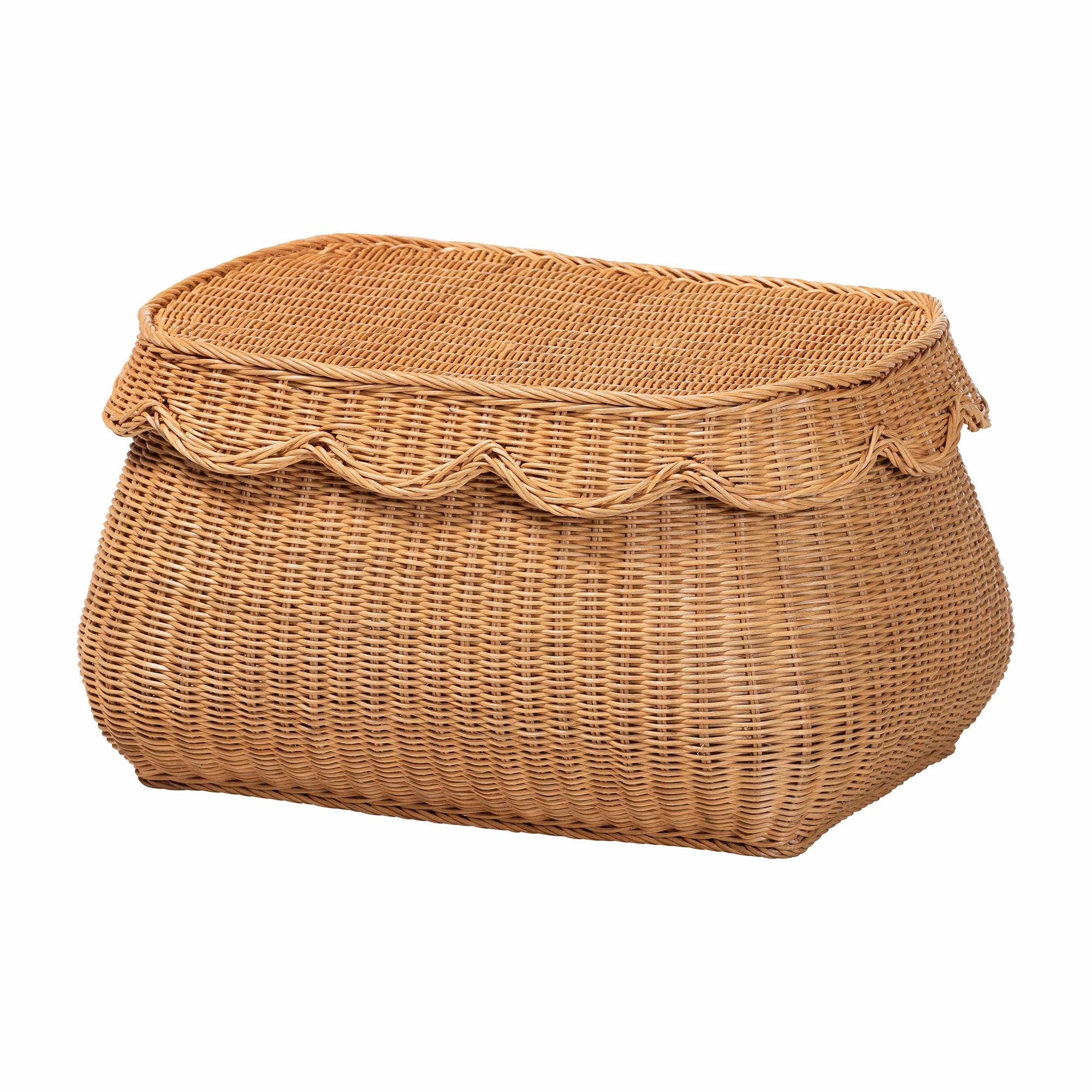 bali & pari Ayleen Natural Rattan Basket Set with Scalloped Lids - Handwoven Wicker Storage Boxes, Boho Coastal Home Decor, 3-Piece Set