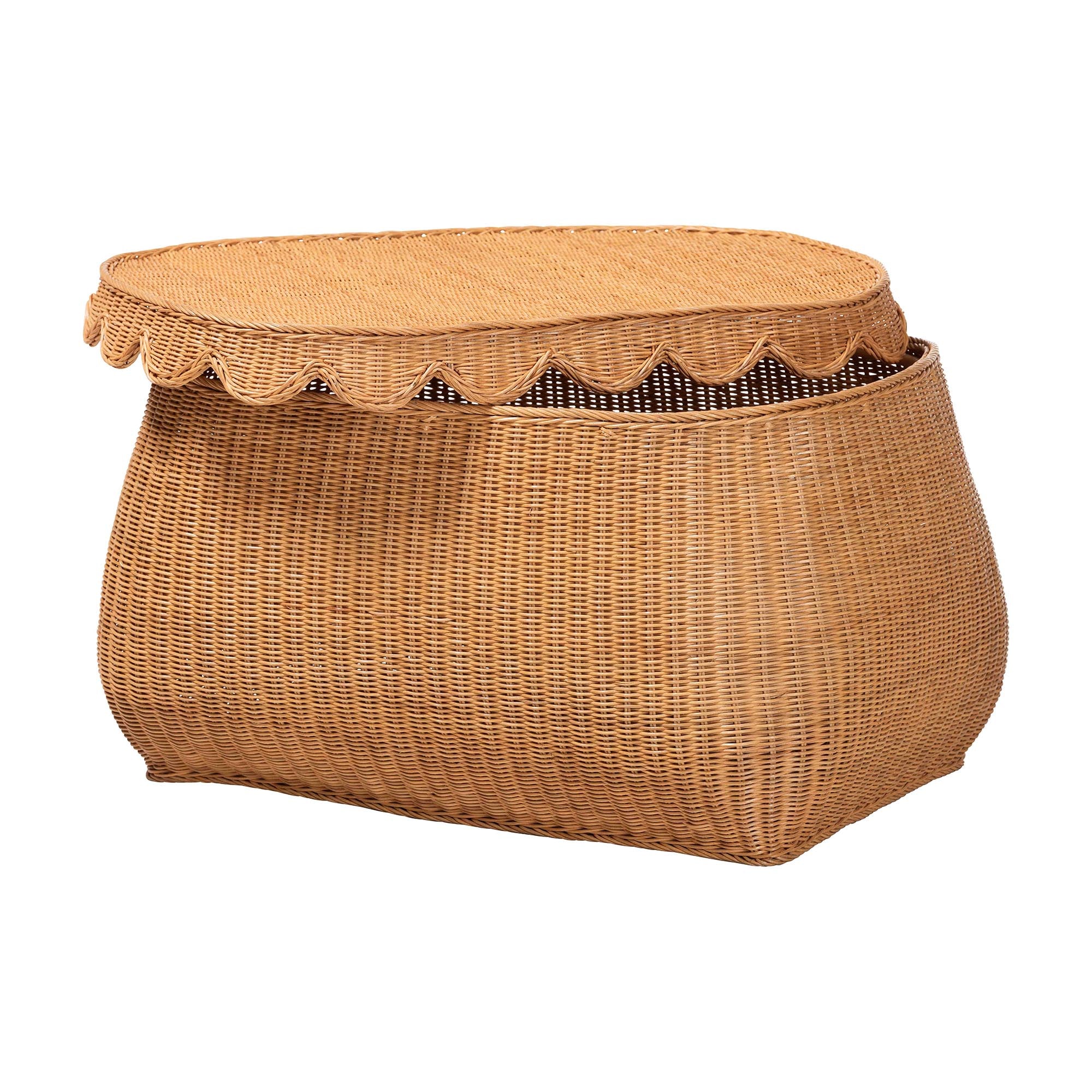 bali & pari Ayleen Natural Rattan Basket Set with Scalloped Lids - Handwoven Wicker Storage Boxes, Boho Coastal Home Decor, 3-Piece Set