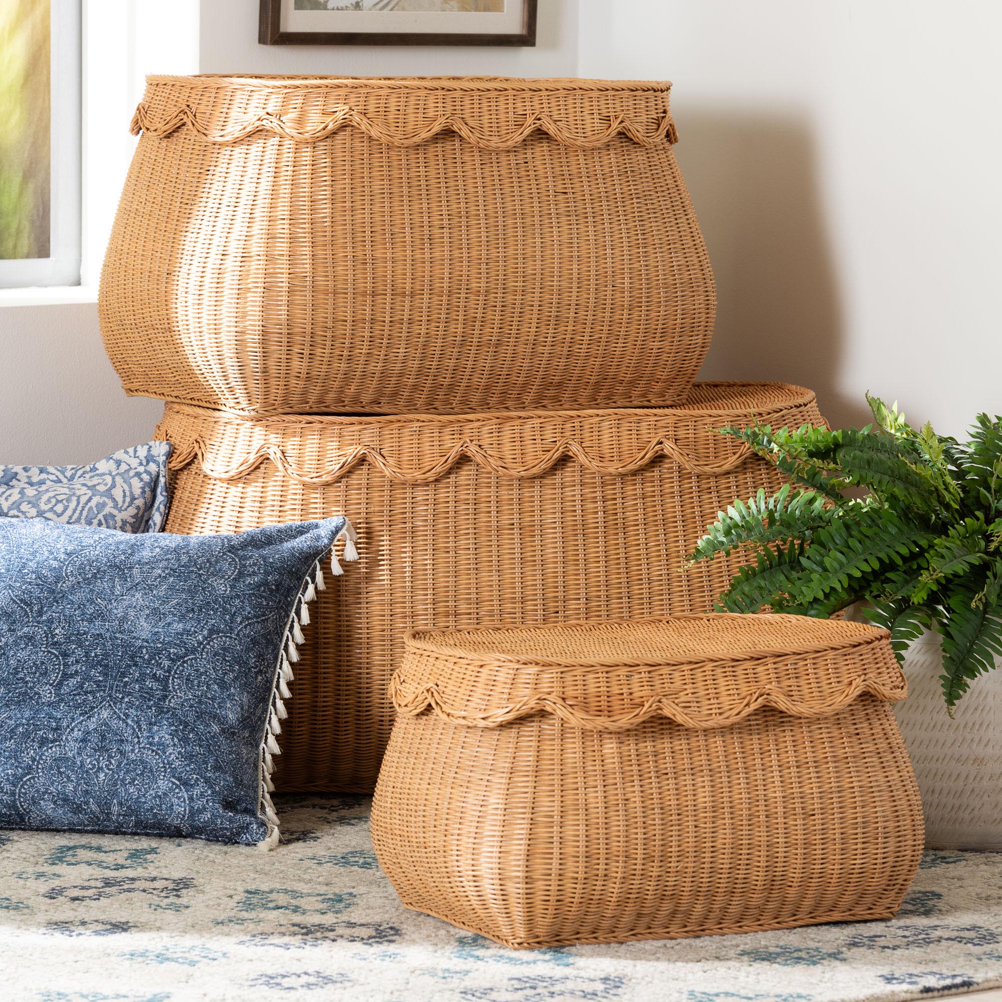 bali & pari Ayleen Natural Rattan Basket Set with Scalloped Lids - Handwoven Wicker Storage Boxes, Boho Coastal Home Decor, 3-Piece Set