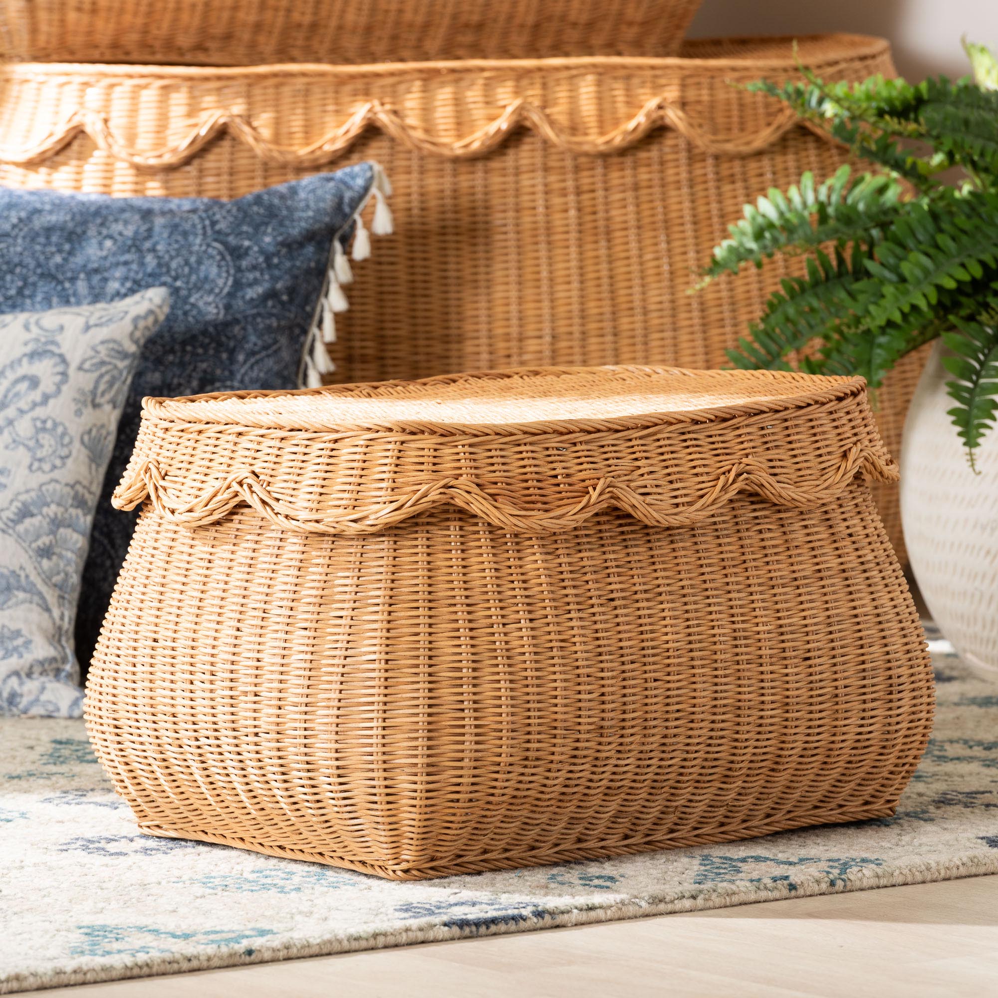 bali & pari Ayleen Natural Rattan Basket with Scalloped Lid - Handwoven Wicker Storage Box, Boho Coastal Home Decor, Small