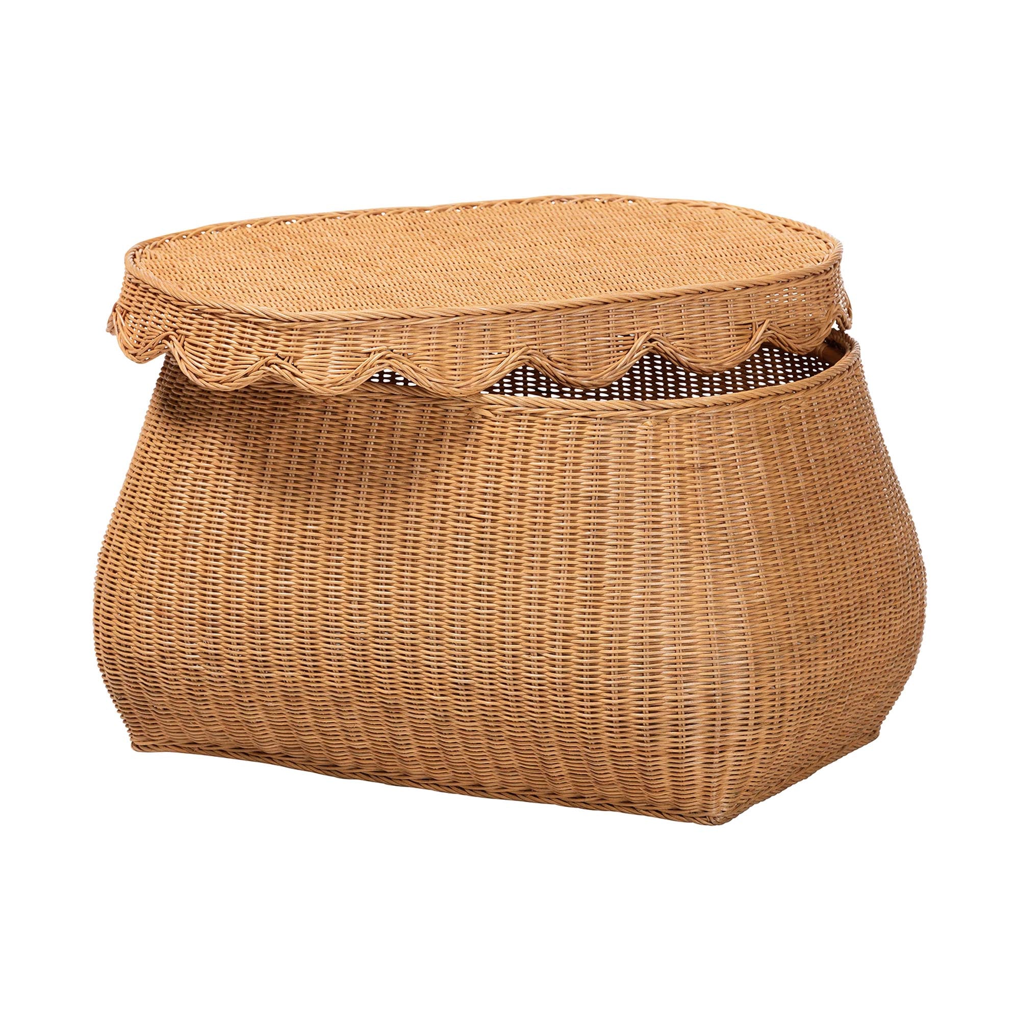bali & pari Ayleen Natural Rattan Basket with Scalloped Lid - Handwoven Wicker Storage Box, Boho Coastal Home Decor, Medium