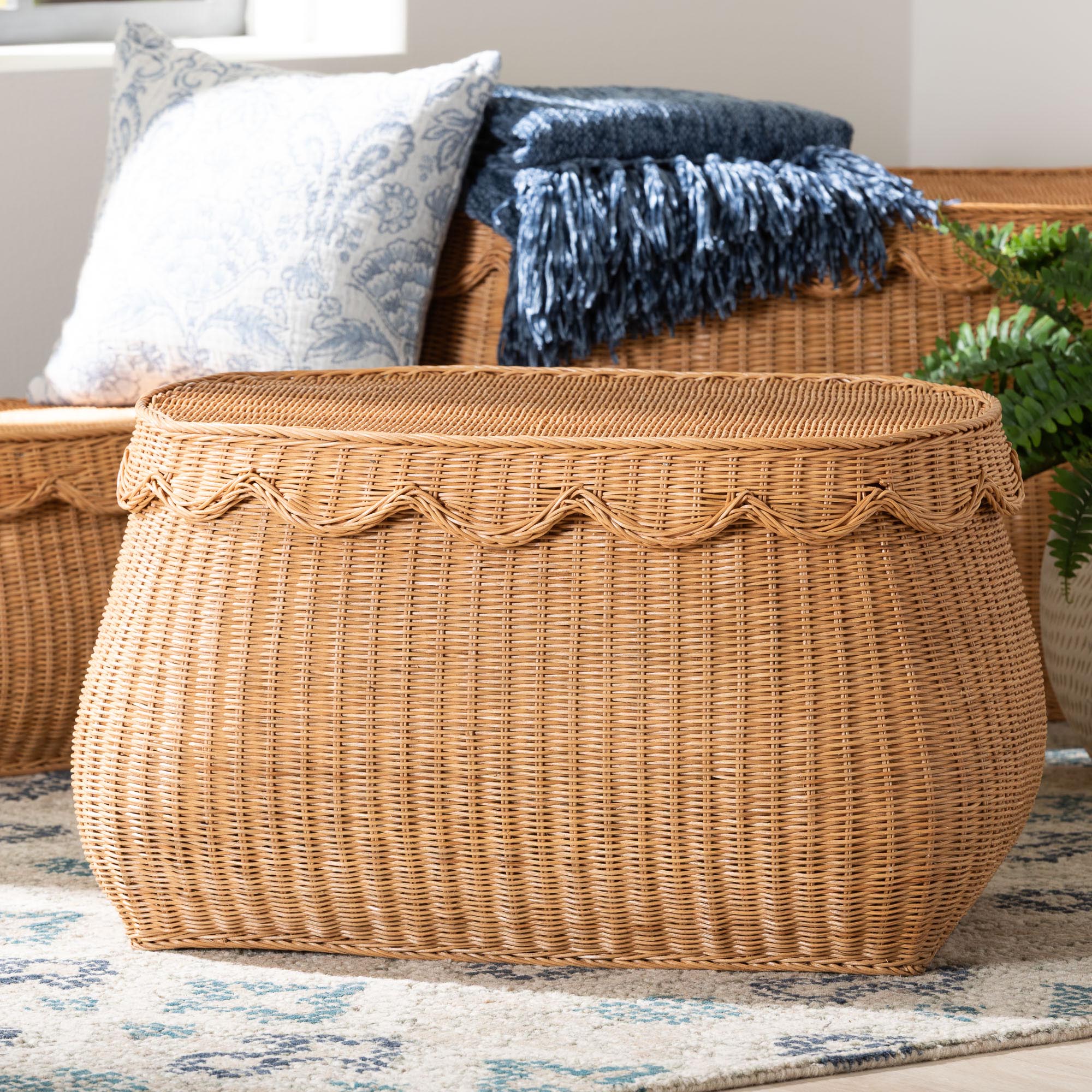 bali & pari Ayleen Natural Rattan Basket with Scalloped Lid - Handwoven Wicker Storage Box, Boho Coastal Home Decor, Medium