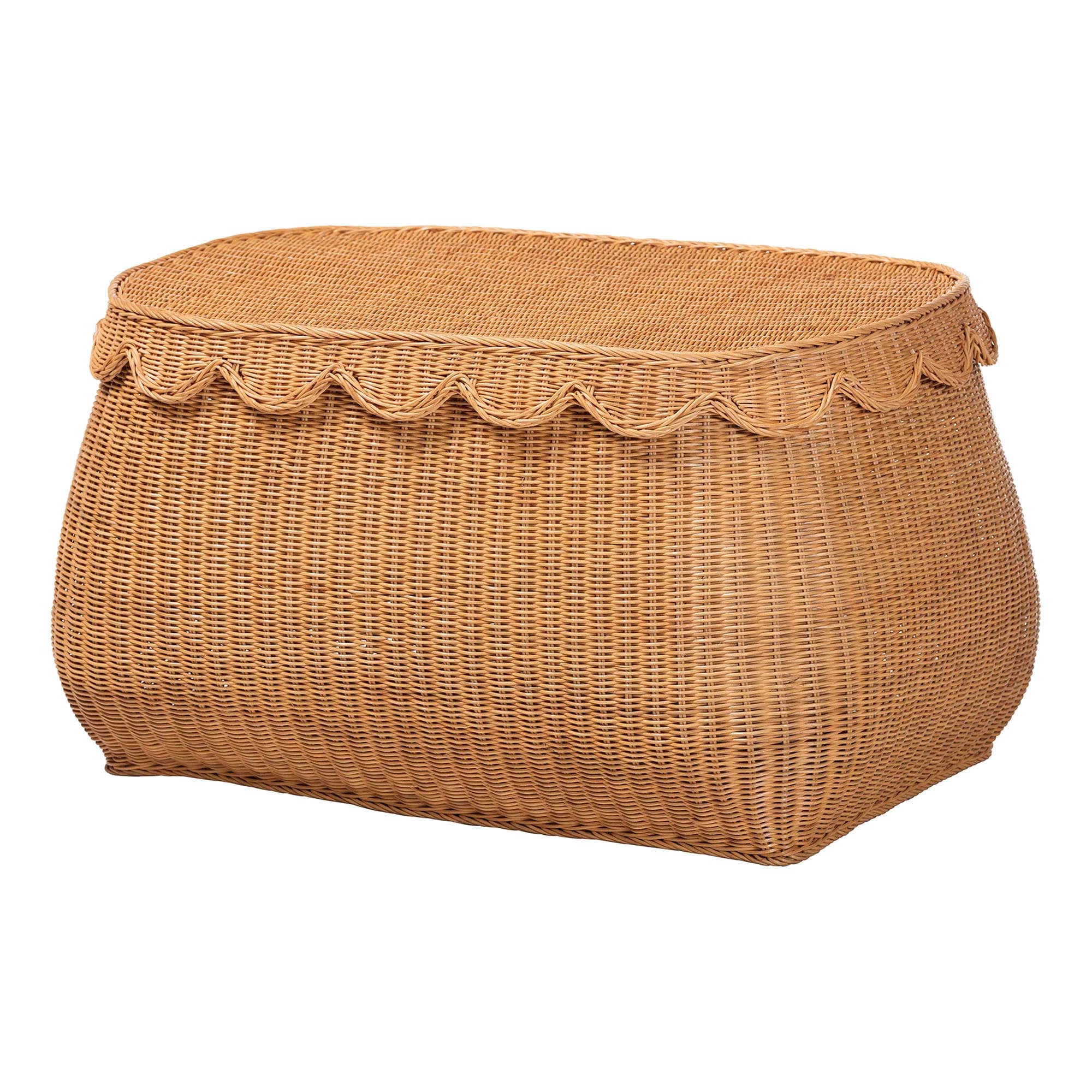 bali & pari Ayleen Natural Rattan Basket with Scalloped Lid - Handwoven Wicker Storage Box, Boho Coastal Home Decor, Large