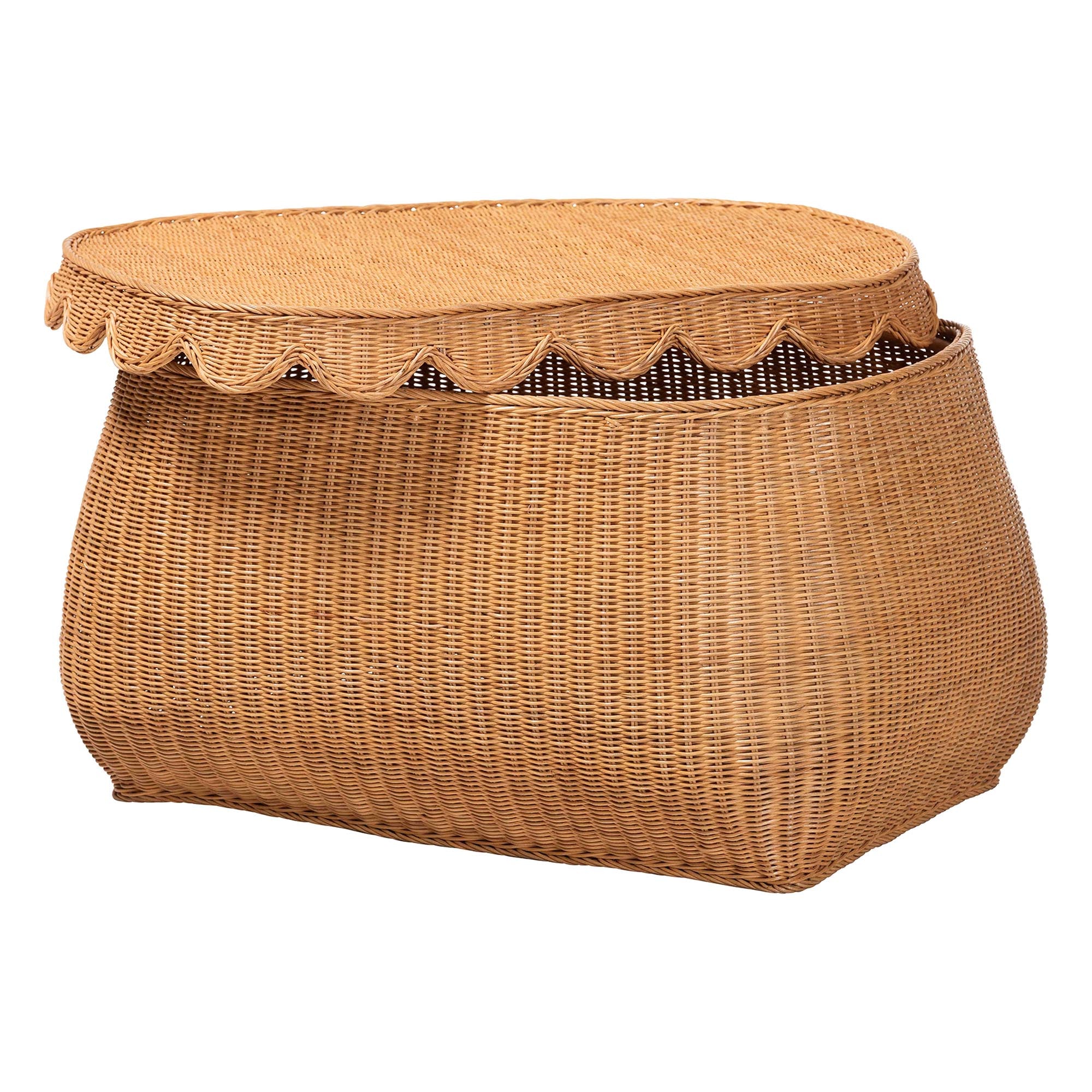 bali & pari Ayleen Natural Rattan Basket with Scalloped Lid - Handwoven Wicker Storage Box, Boho Coastal Home Decor, Large