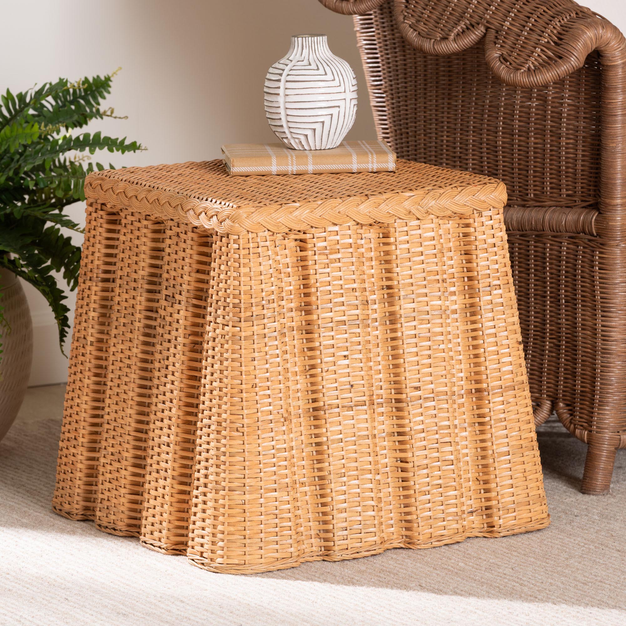 bali & pari Andrea Natural Rattan End Table - Handwoven Wicker Accent Table with Pleated Skirt, Boho Coastal Side Table