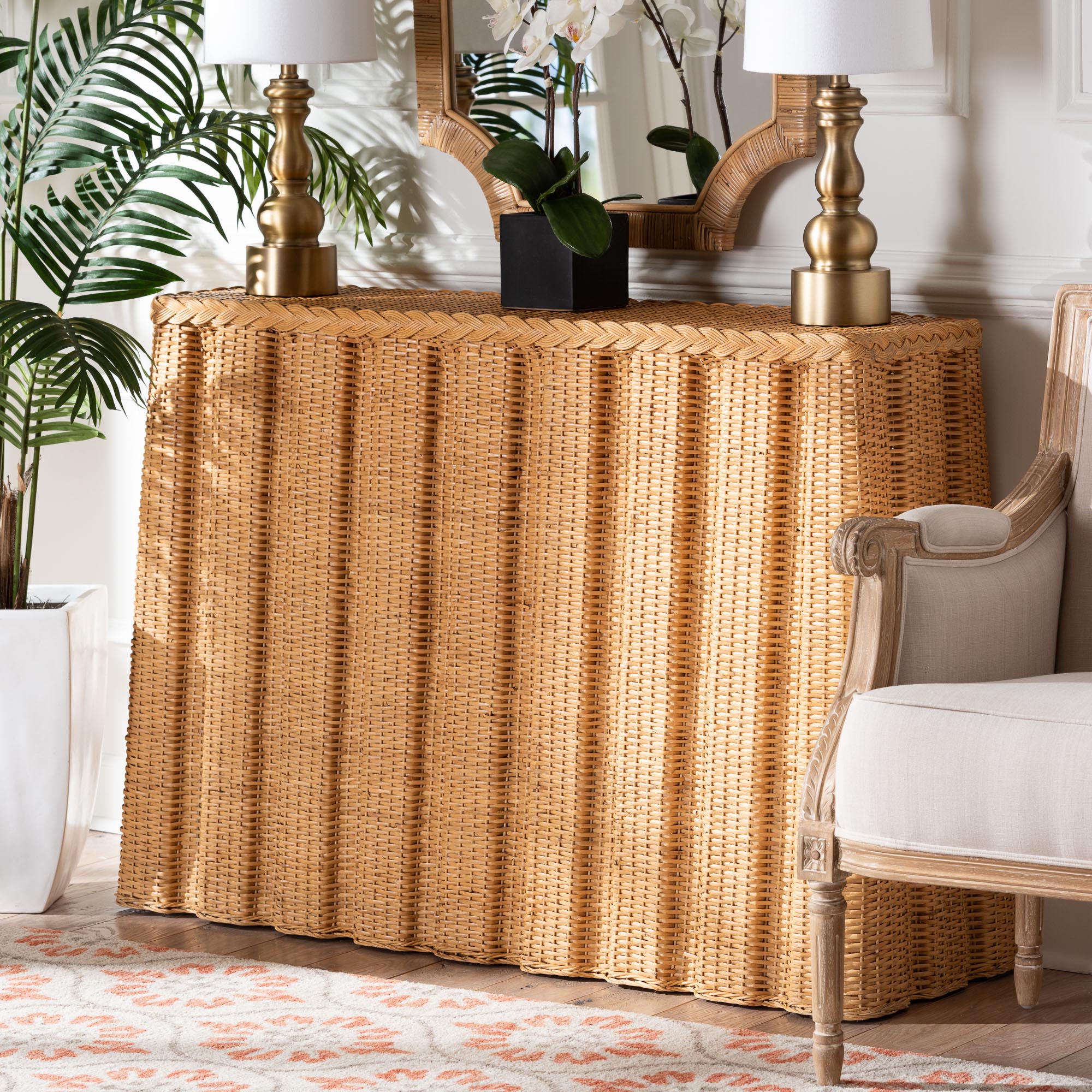 bali & pari Andrea Natural Rattan Console Table - Handwoven Wicker Accent Table with Pleated Skirt, Boho Coastal Decor