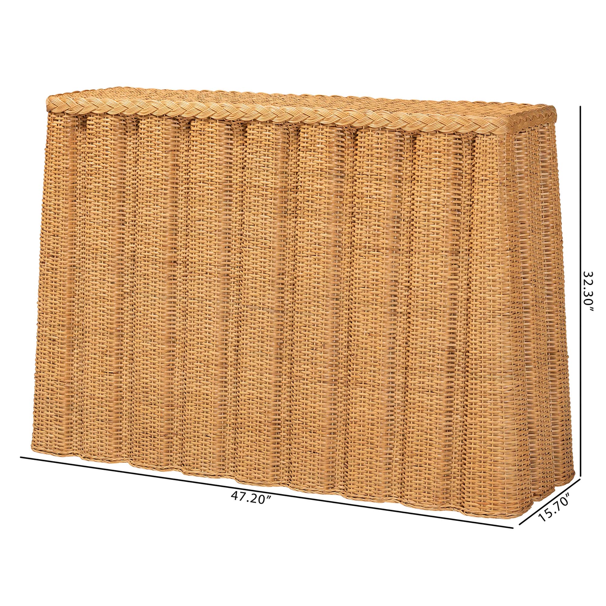 bali & pari Andrea Natural Rattan Console Table - Handwoven Wicker Accent Table with Pleated Skirt, Boho Coastal Decor