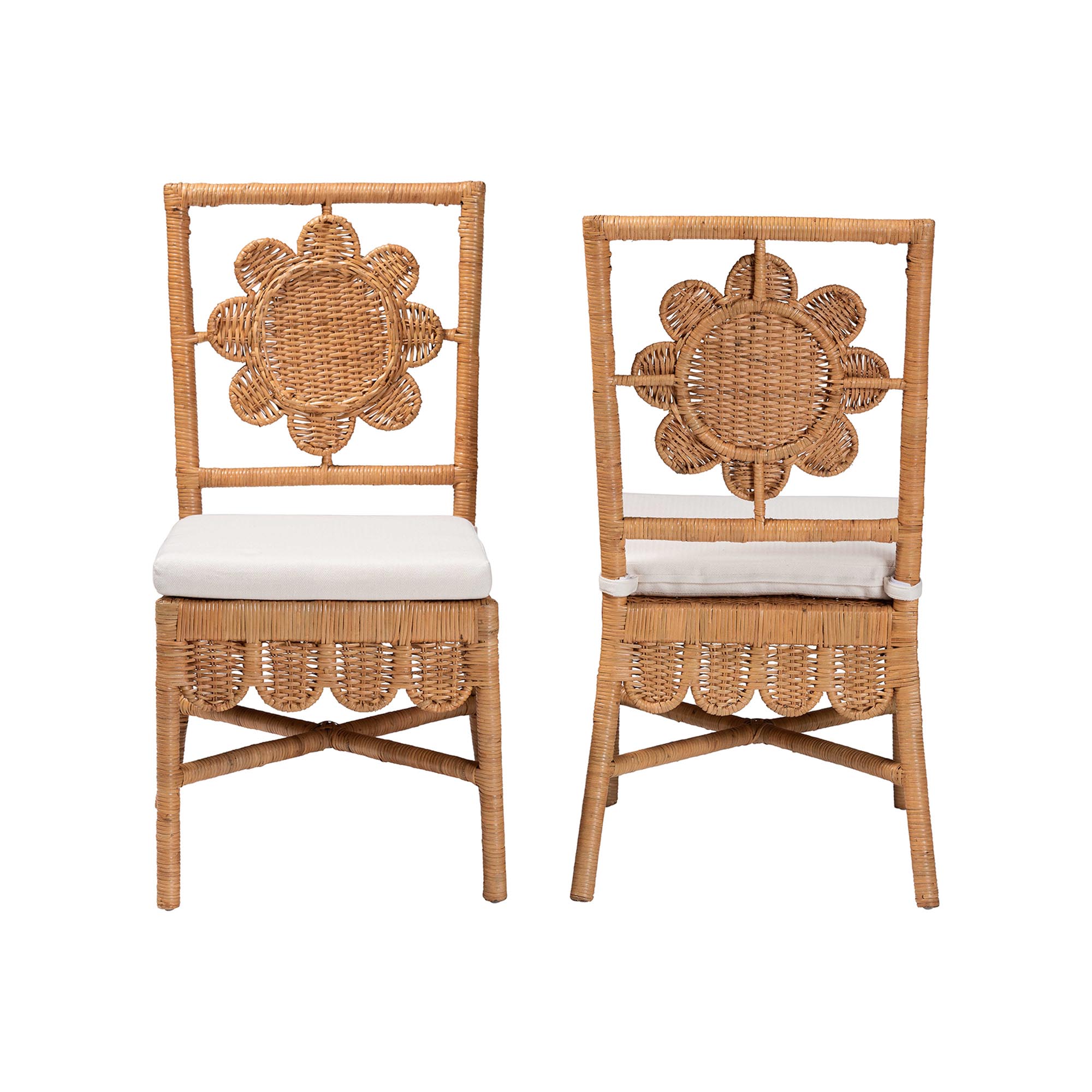 bali & pari Abagale Natural Rattan 2-Piece Dining Chair Set - Handwoven Wicker Accent Side Chair with Floral Back and Removable Cushion, Artisanal Seating for Kitchen or Dining Room
