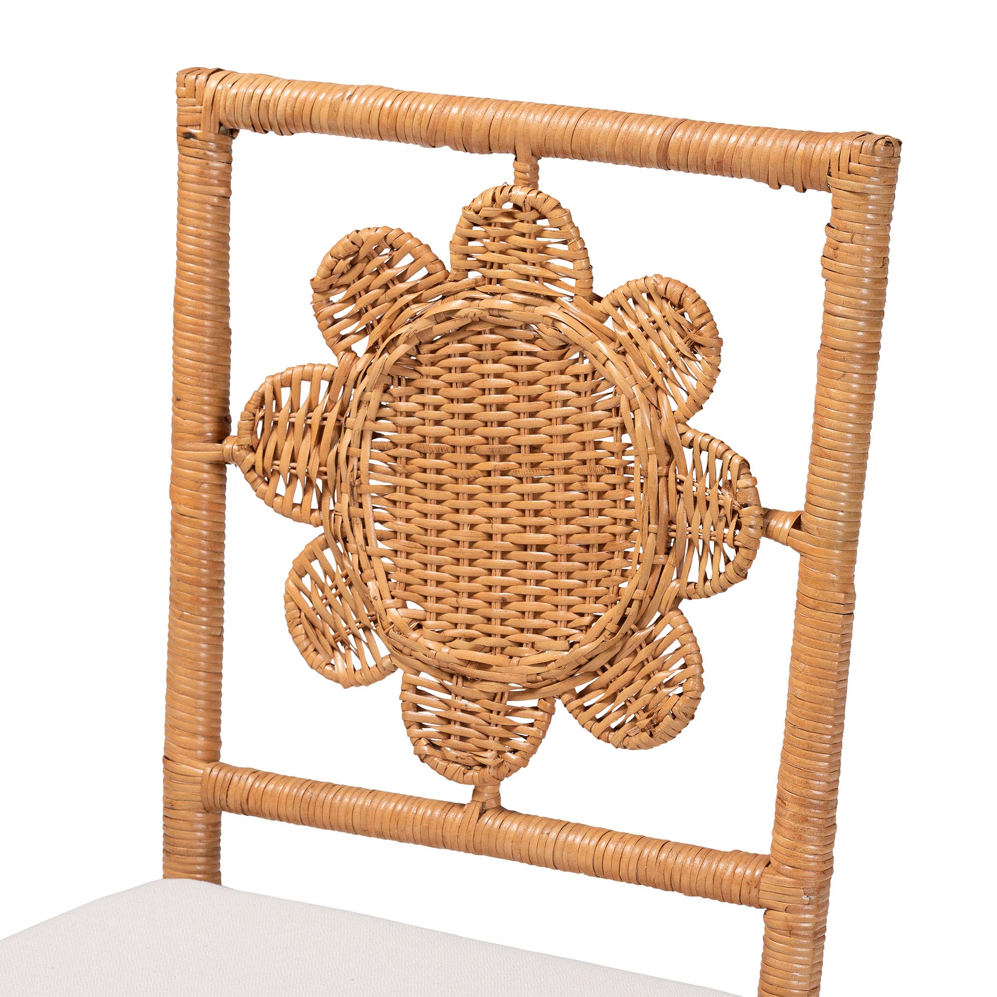 bali & pari Abagale Natural Rattan 2-Piece Dining Chair Set - Handwoven Wicker Accent Side Chair with Floral Back and Removable Cushion, Artisanal Seating for Kitchen or Dining Room