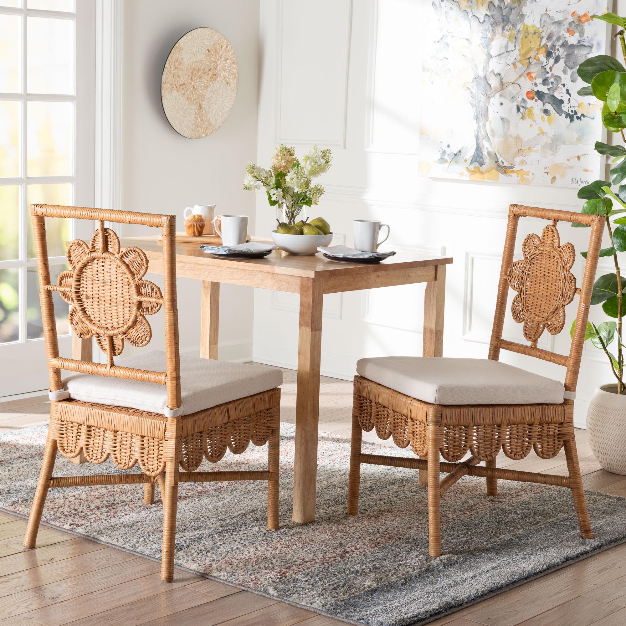 bali & pari Abagale Natural Rattan 2-Piece Dining Chair Set - Handwoven Wicker Accent Side Chair with Floral Back and Removable Cushion, Artisanal Seating for Kitchen or Dining Room