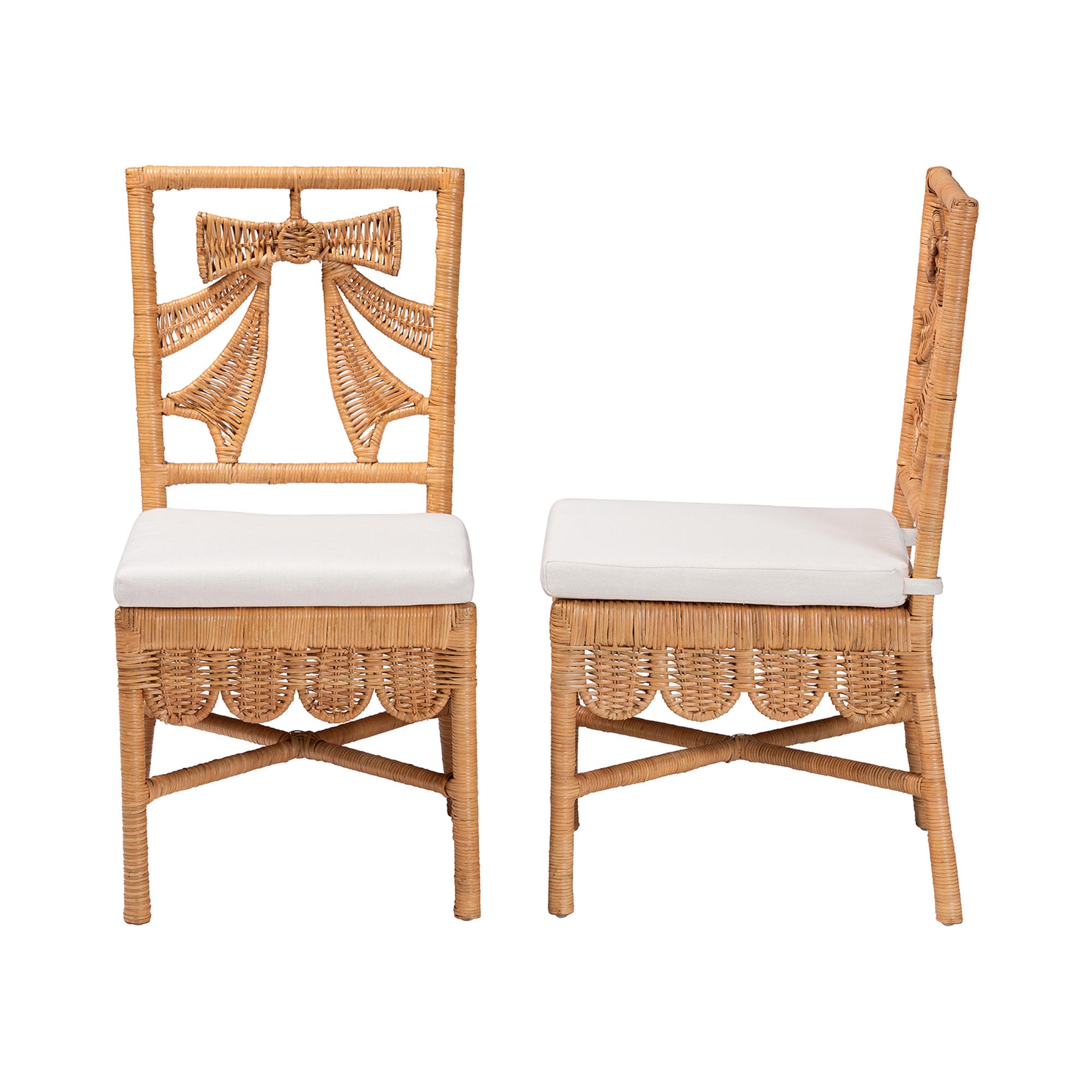 bali & pari Abia Natural Rattan 2-Piece Dining Chair Set - Handwoven Wicker Accent Side Chair with Bow and Ribbon Design, Artisanal Seating for Kitchen or Dining Room