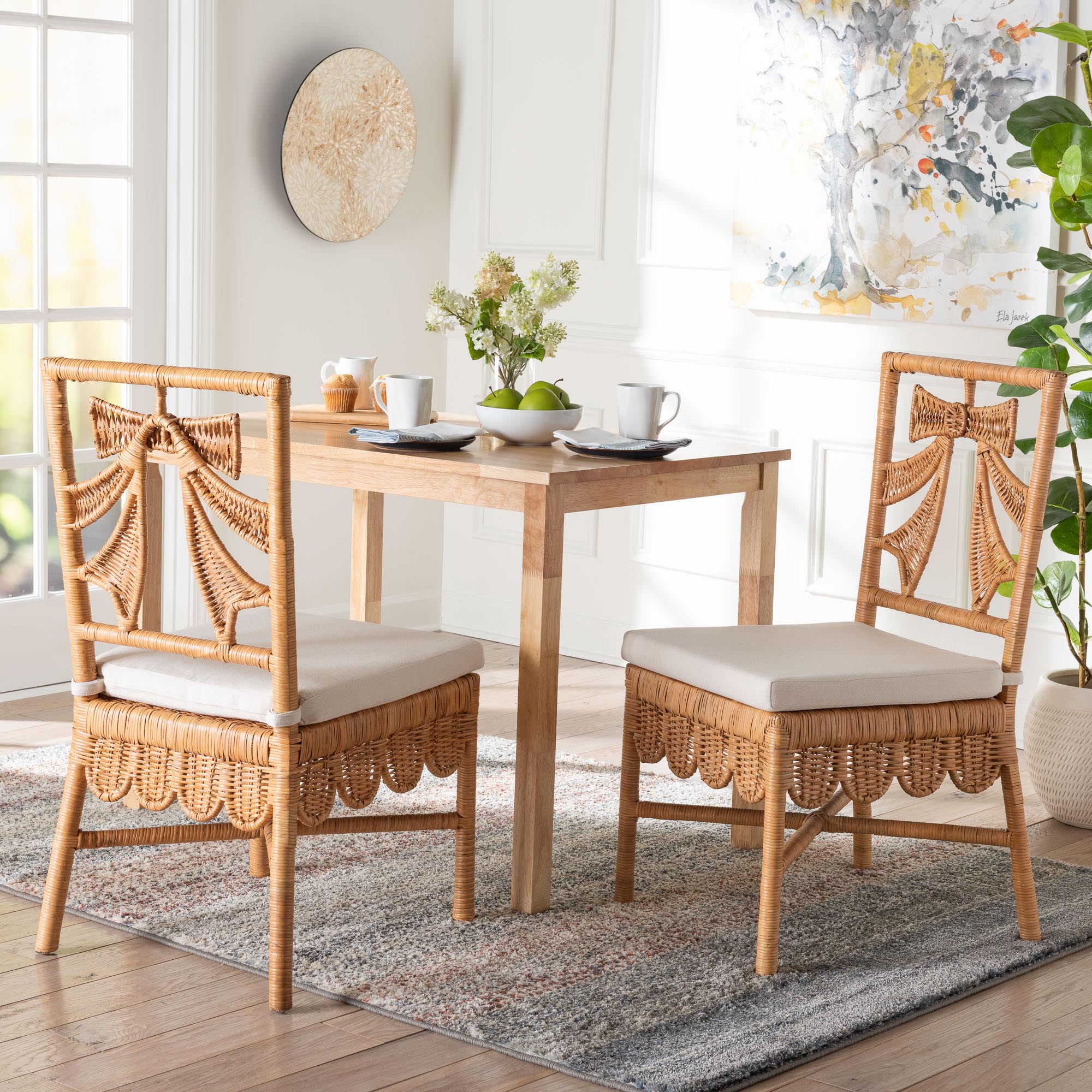 bali & pari Abia Natural Rattan 2-Piece Dining Chair Set - Handwoven Wicker Accent Side Chair with Bow and Ribbon Design, Artisanal Seating for Kitchen or Dining Room