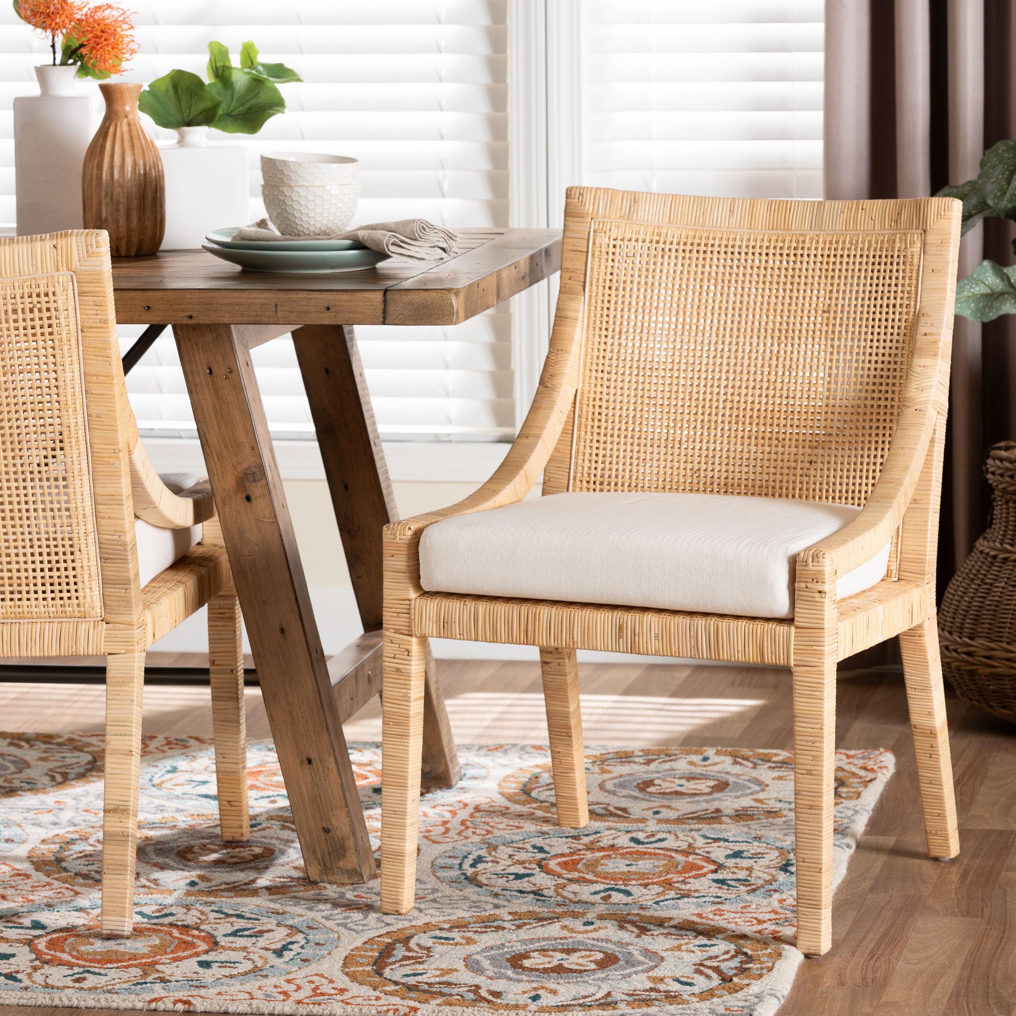 bali & pari Alexis Natural Rattan Dining Chair - Handcrafted Wingback Accent Chair with Woven Back and Removable Seat Cushion, Coastal Boho Seating for Kitchen or Dining Room