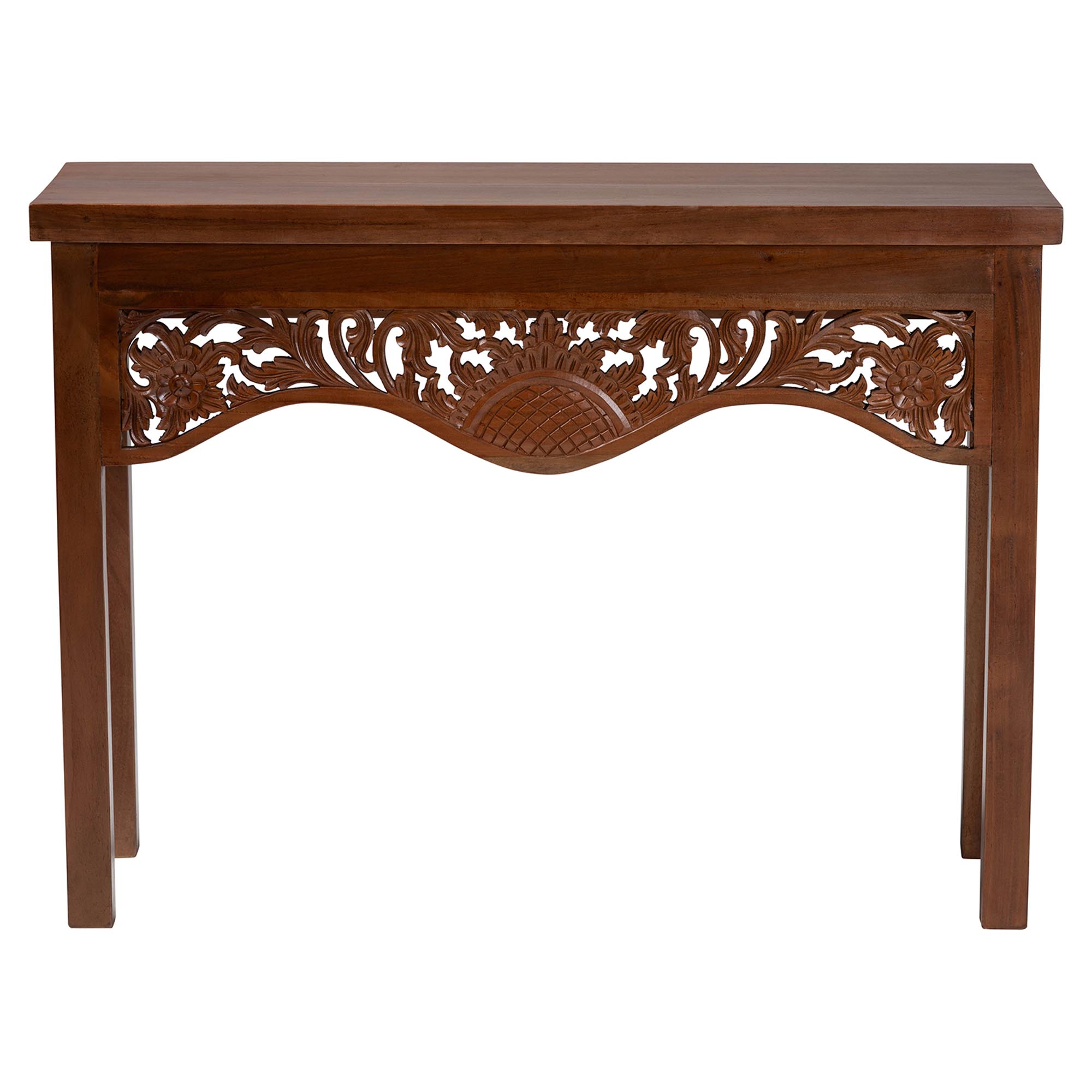 bali & pari Alannis Mahogany Wood Console Table - Accent Table with Carved Floral Apron for Entryway, Living Room, or Hallway