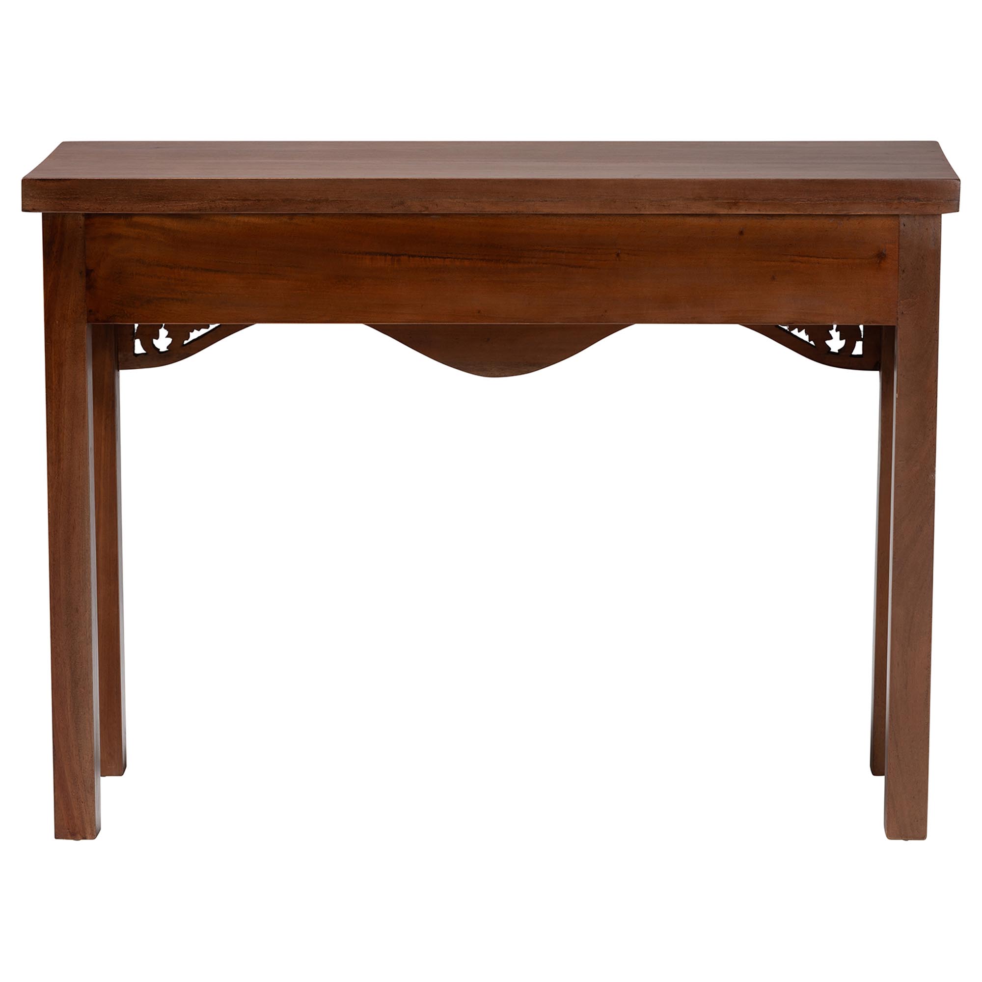 bali & pari Alannis Mahogany Wood Console Table - Accent Table with Carved Floral Apron for Entryway, Living Room, or Hallway