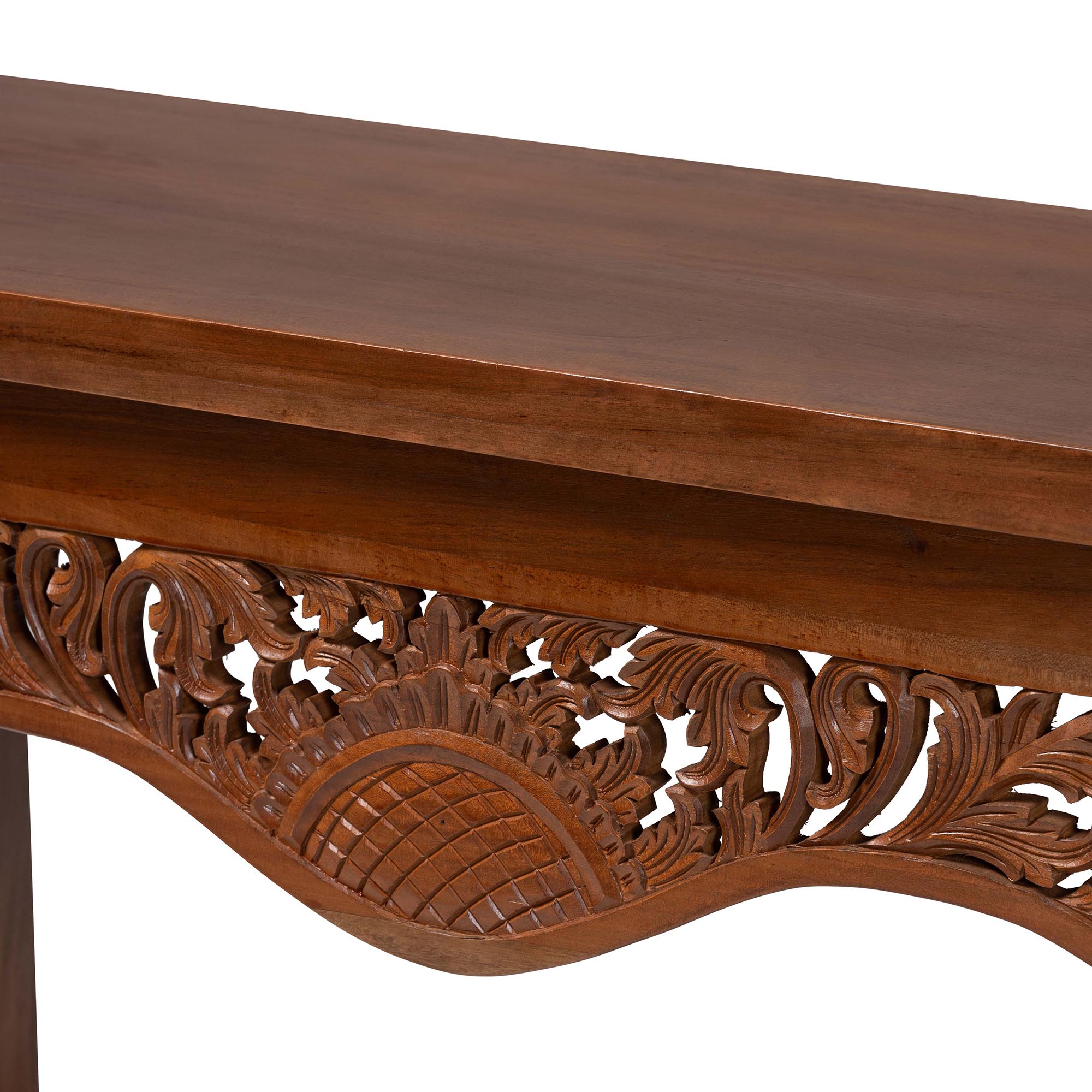bali & pari Alannis Mahogany Wood Console Table - Accent Table with Carved Floral Apron for Entryway, Living Room, or Hallway