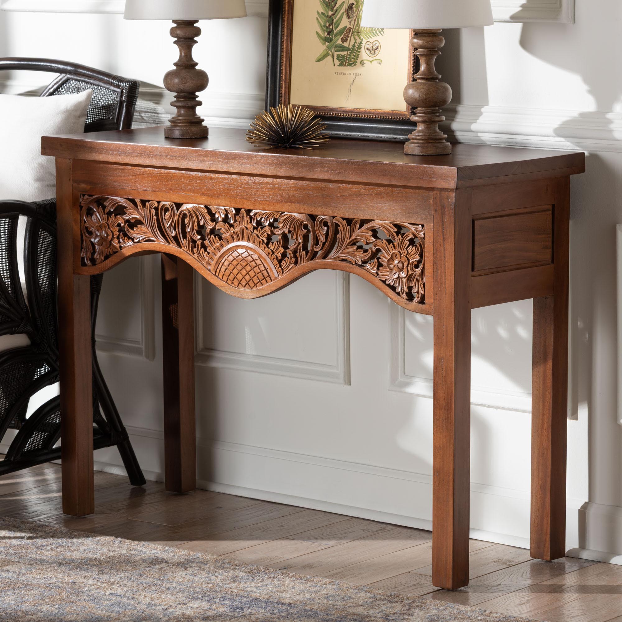 bali & pari Alannis Mahogany Wood Console Table - Accent Table with Carved Floral Apron for Entryway, Living Room, or Hallway