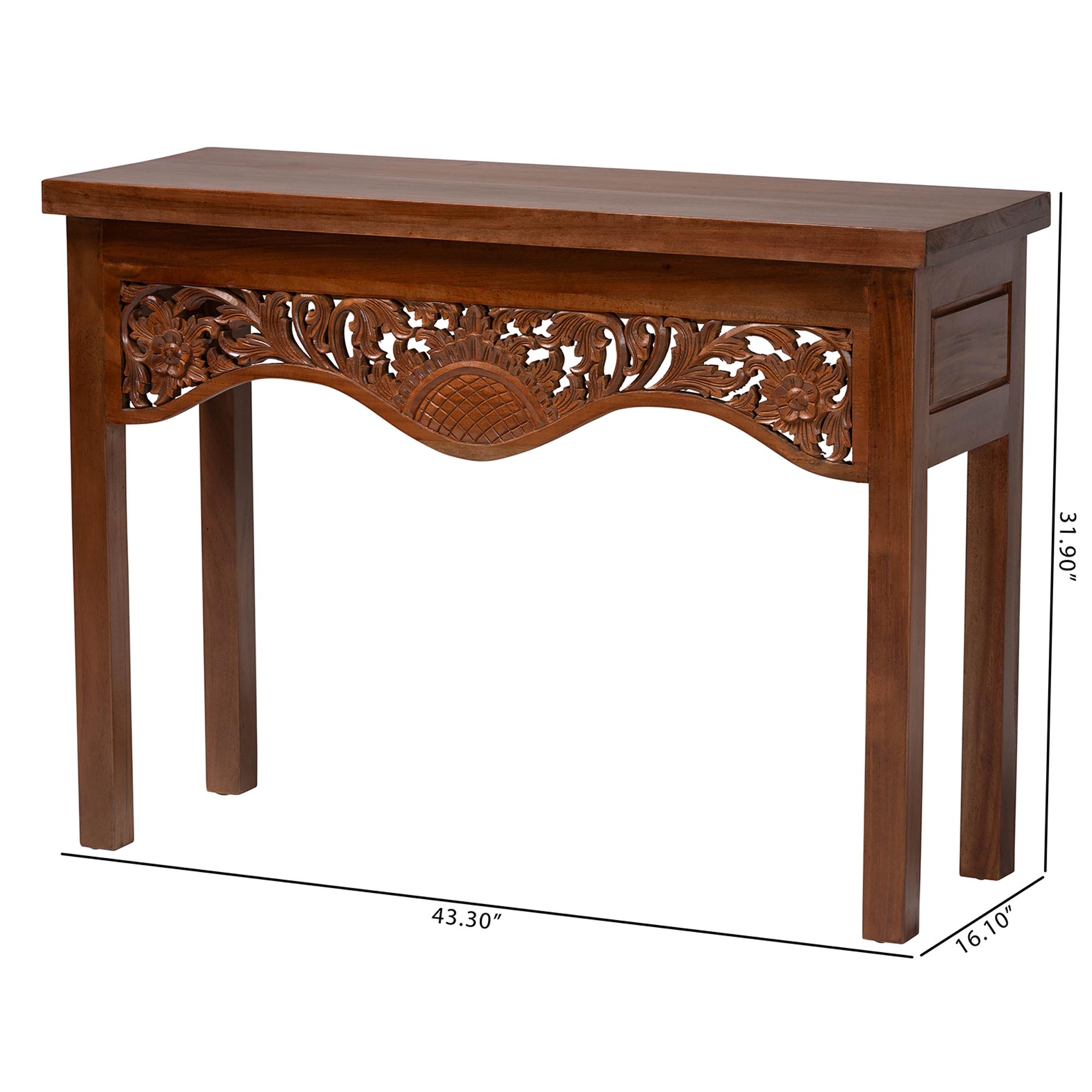 bali & pari Alannis Mahogany Wood Console Table - Accent Table with Carved Floral Apron for Entryway, Living Room, or Hallway