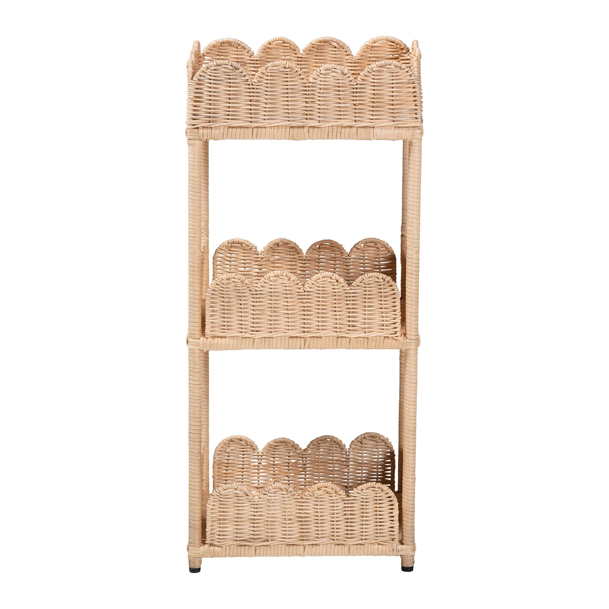 bali & pari Brooks Natural Rattan 3-Tier Storage Shelf - Handwoven Wicker Display Stand with Scalloped Borders, Coastal Boho Accent Furniture