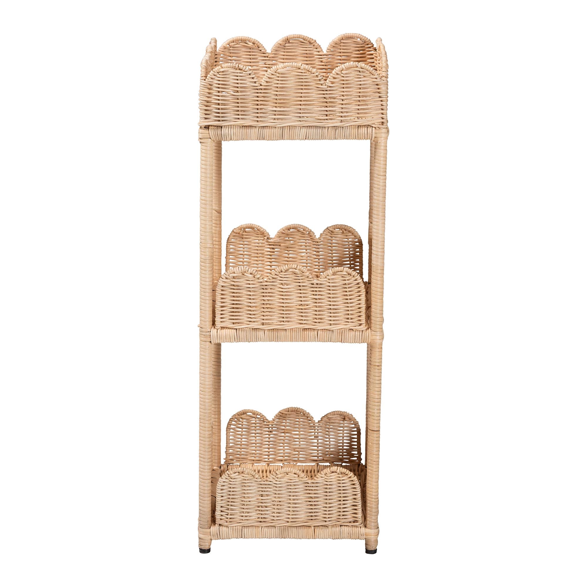bali & pari Brooks Natural Rattan 3-Tier Storage Shelf - Handwoven Wicker Display Stand with Scalloped Borders, Coastal Boho Accent Furniture