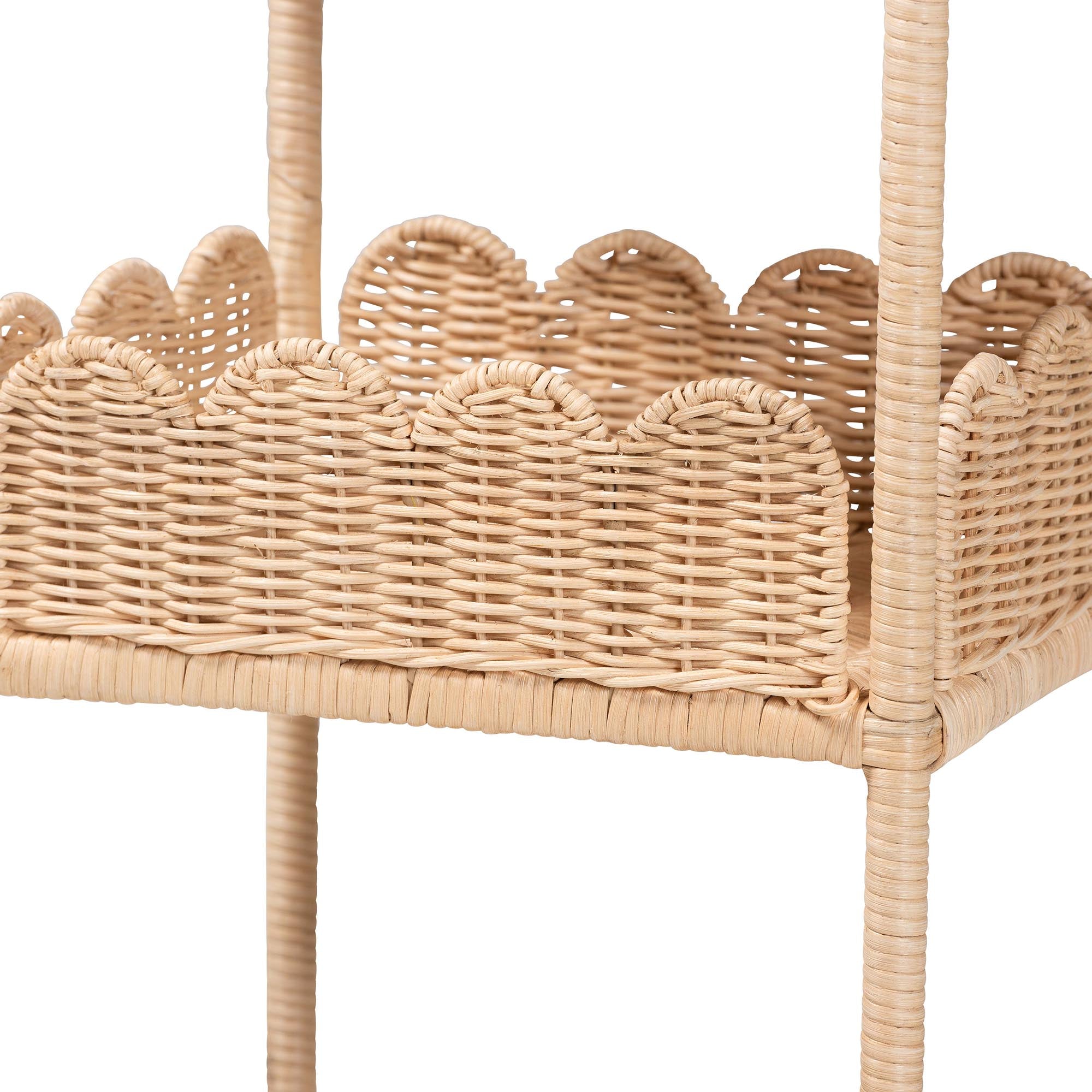 bali & pari Brooks Natural Rattan 3-Tier Storage Shelf - Handwoven Wicker Display Stand with Scalloped Borders, Coastal Boho Accent Furniture