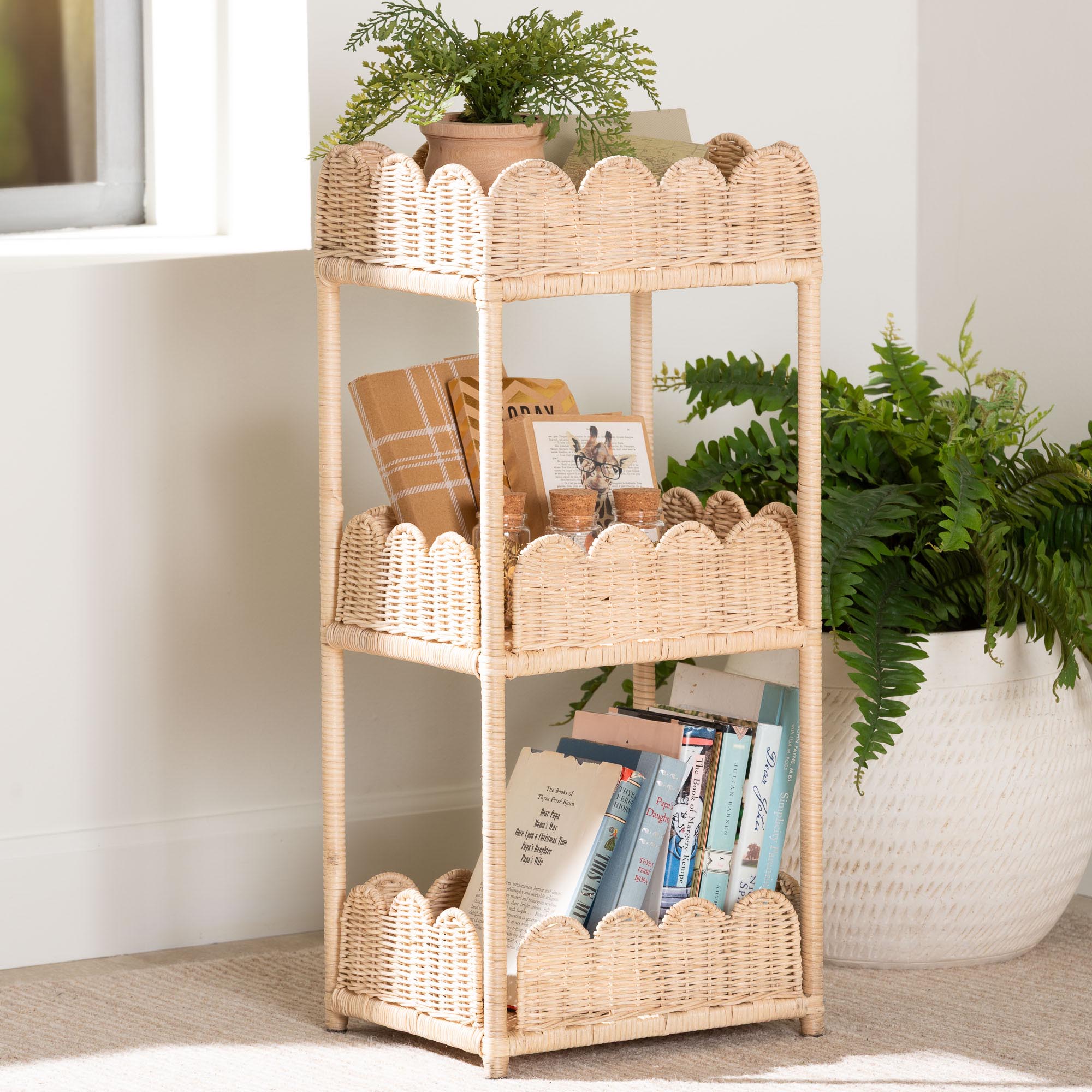 bali & pari Brooks Natural Rattan 3-Tier Storage Shelf - Handwoven Wicker Display Stand with Scalloped Borders, Coastal Boho Accent Furniture
