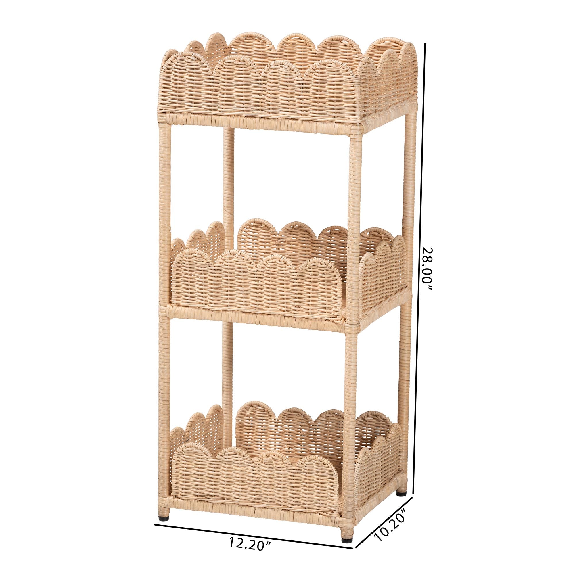 bali & pari Brooks Natural Rattan 3-Tier Storage Shelf - Handwoven Wicker Display Stand with Scalloped Borders, Coastal Boho Accent Furniture