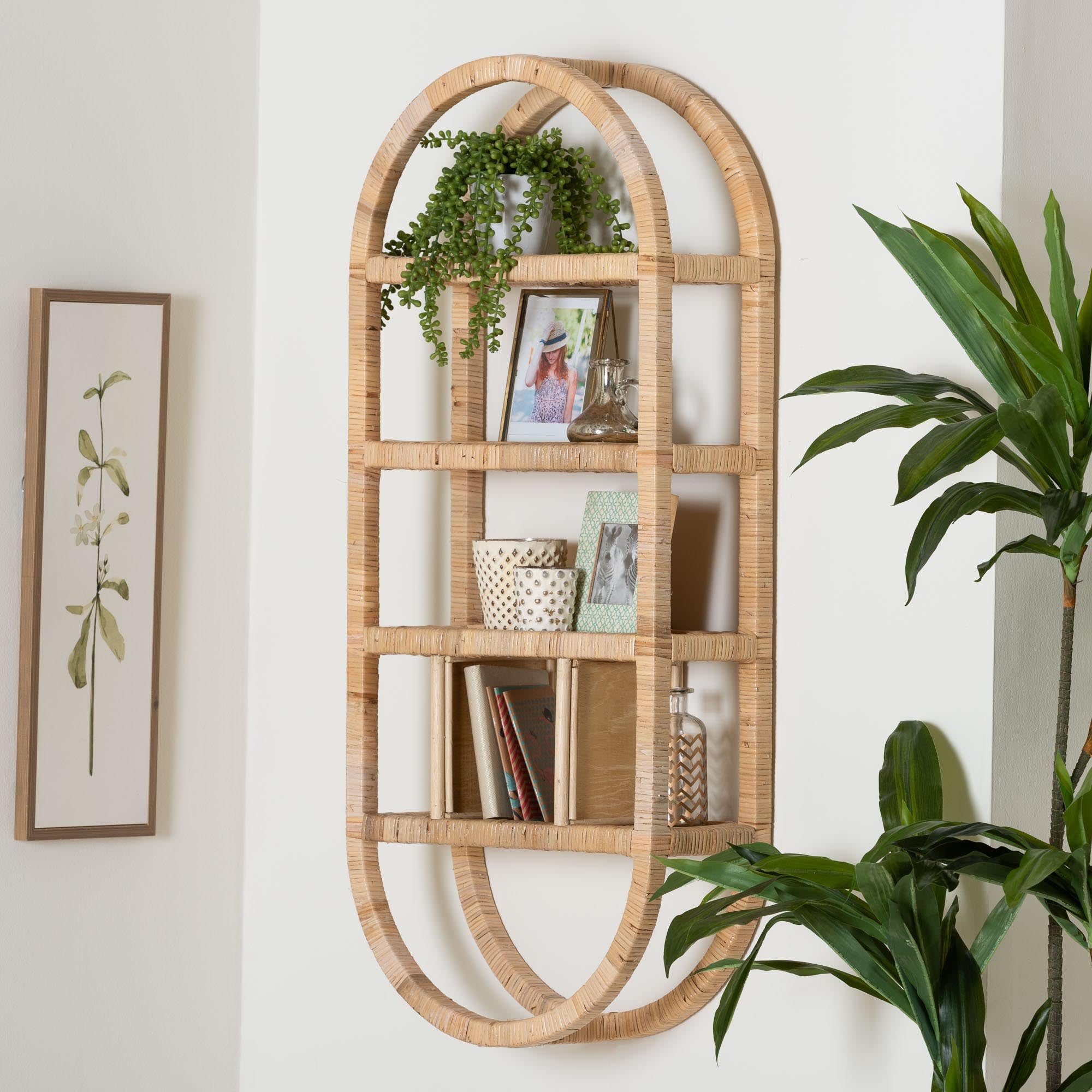 bali & pari Labonita Natural Rattan Wall Shelf  - 3-Tier Wall-Mounted Display Unit with Arching Frame for Entryway, Living Room, or Bathroom