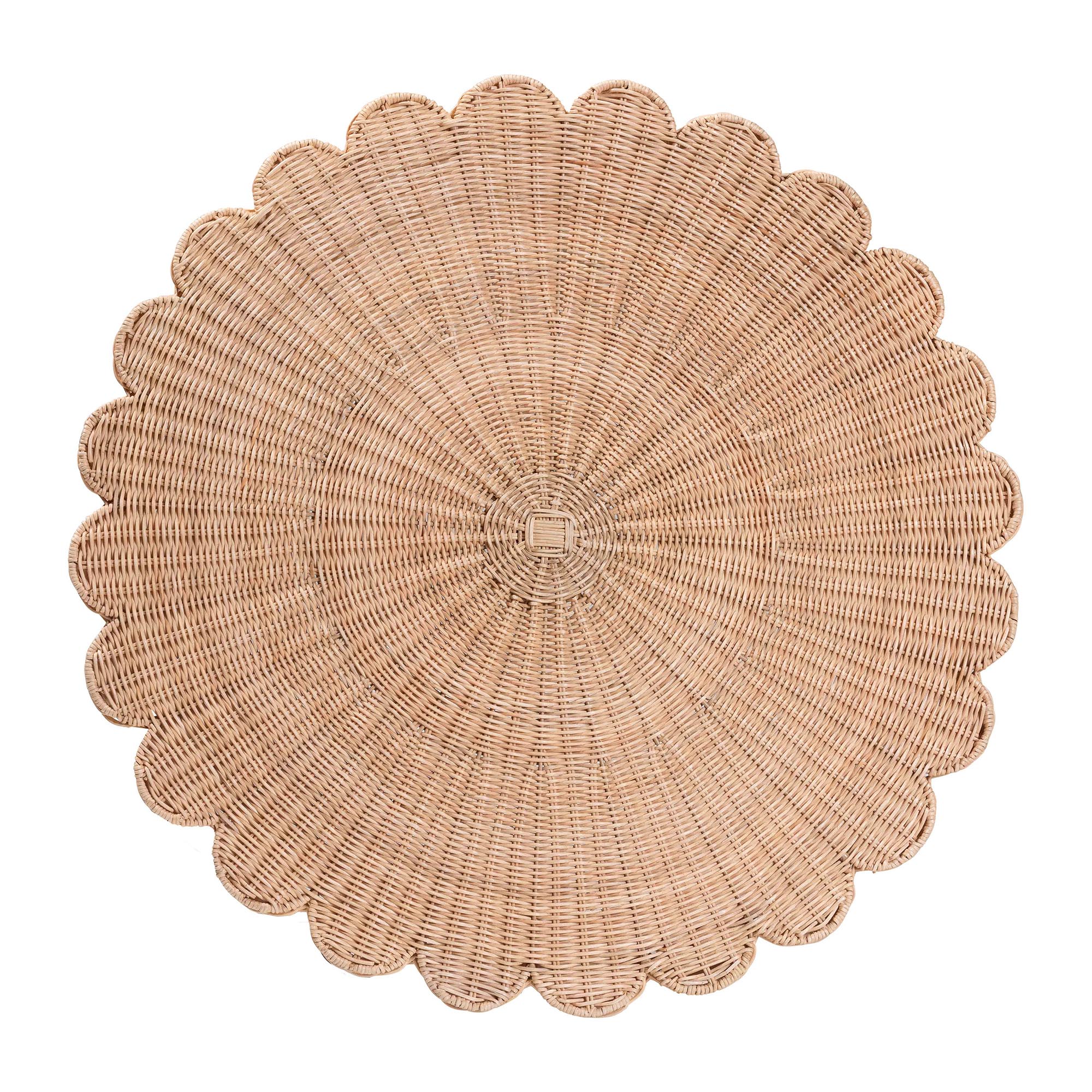 bali & pari Kensley Natural Rattan Coffee Table - Handwoven Wicker Round Accent Table with Scalloped Silhouette, Boho Coastal Style Decor for Living Rooms or Lounges