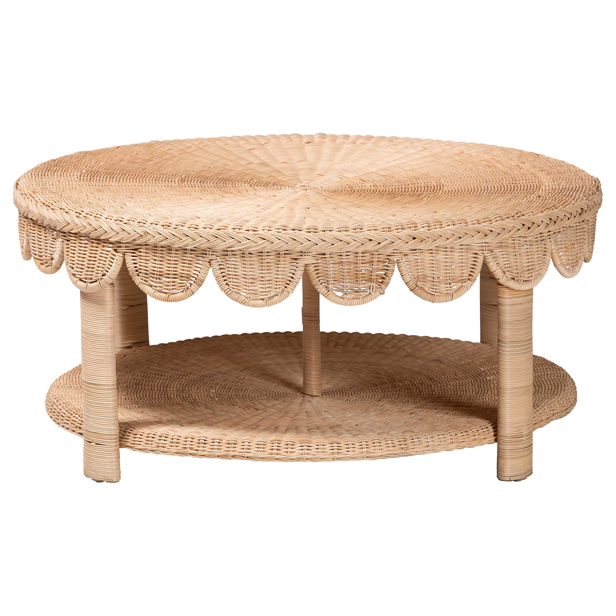 bali & pari Latoya Natural Rattan Coffee Table - Handwoven Round Wicker Table with Scalloped Apron and Lower Shelf, Coastal Boho Living Room Accent Furniture