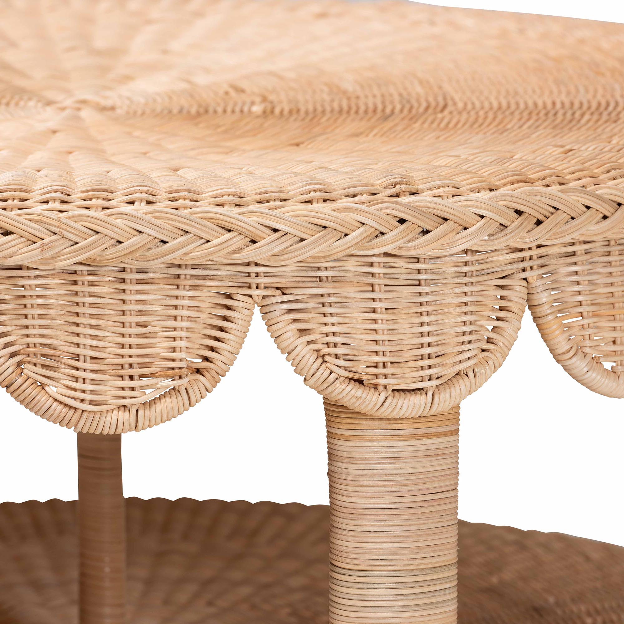bali & pari Latoya Natural Rattan Coffee Table - Handwoven Round Wicker Table with Scalloped Apron and Lower Shelf, Coastal Boho Living Room Accent Furniture