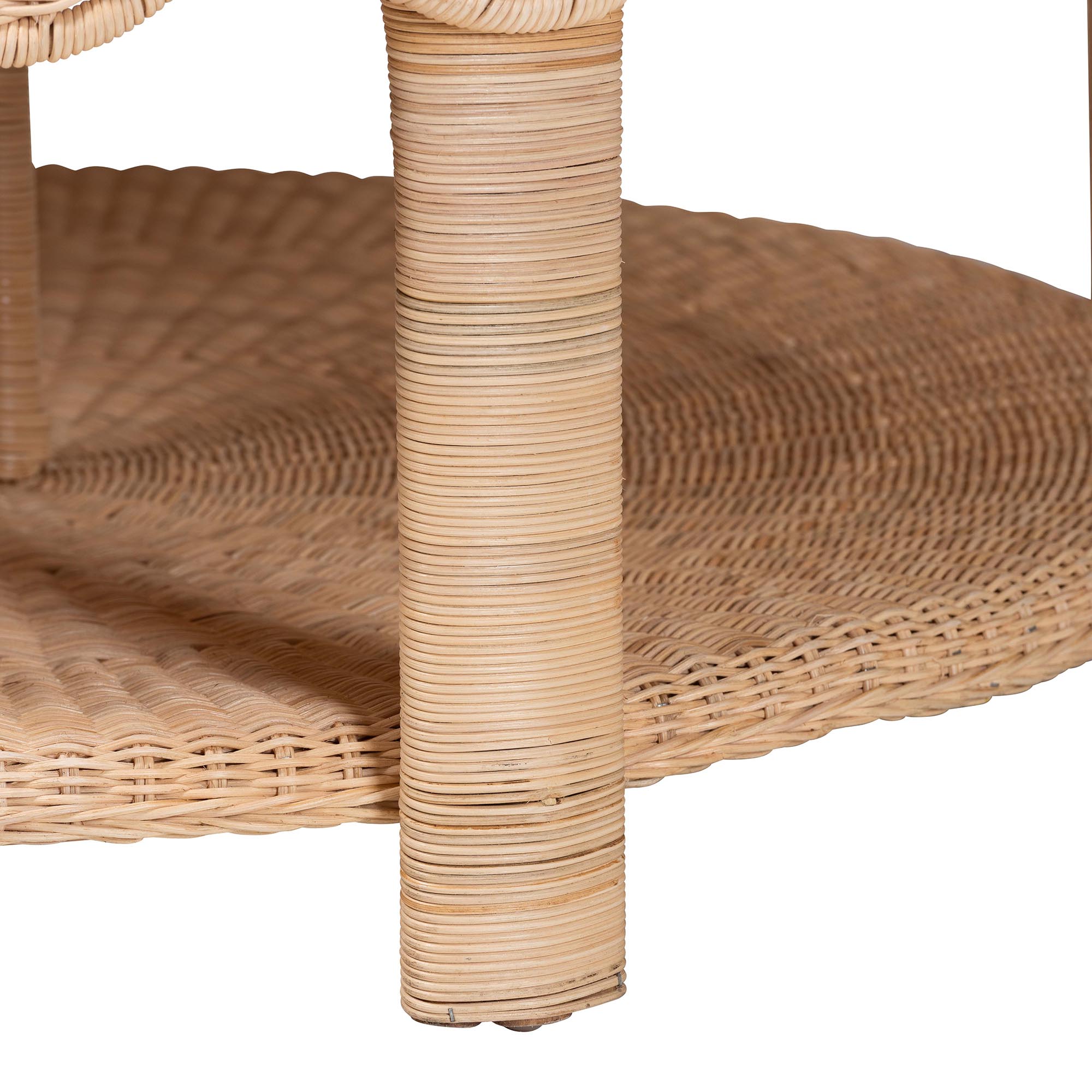 bali & pari Latoya Natural Rattan Coffee Table - Handwoven Round Wicker Table with Scalloped Apron and Lower Shelf, Coastal Boho Living Room Accent Furniture