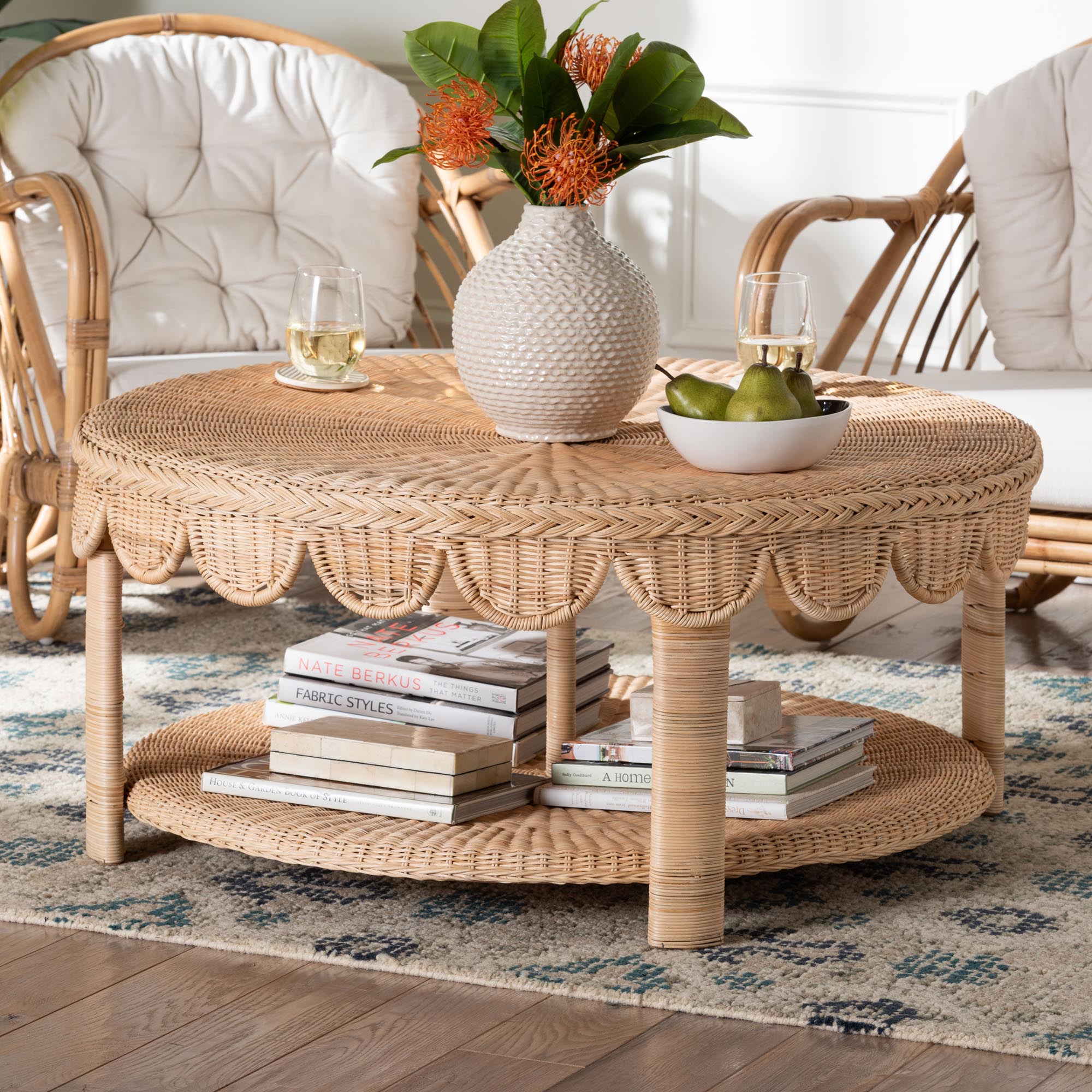 bali & pari Latoya Natural Rattan Coffee Table - Handwoven Round Wicker Table with Scalloped Apron and Lower Shelf, Coastal Boho Living Room Accent Furniture