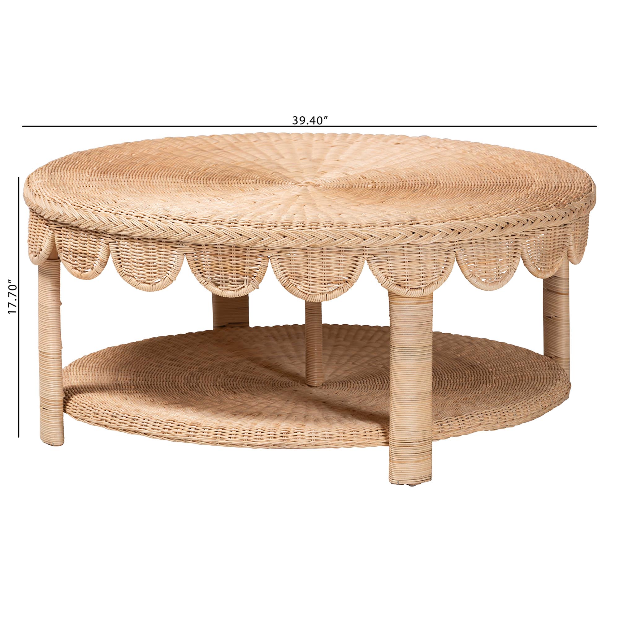 bali & pari Latoya Natural Rattan Coffee Table - Handwoven Round Wicker Table with Scalloped Apron and Lower Shelf, Coastal Boho Living Room Accent Furniture