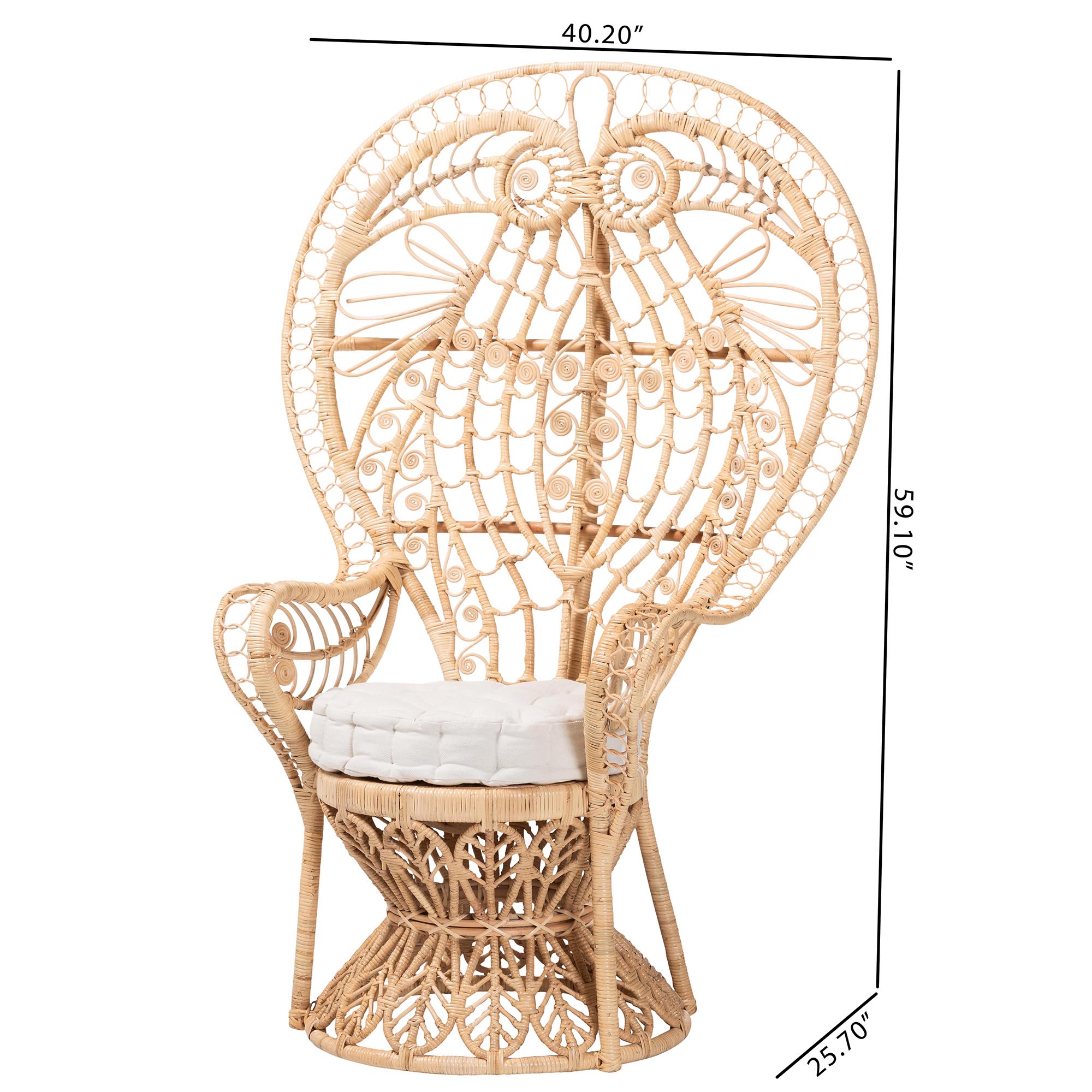 bali & pari Kimiko Natural Rattan Peacock Chair with Cushion - Handwoven Wicker Accent Chair with Fan Backrest, Boho Coastal Statement Seating for Living Room or Event
