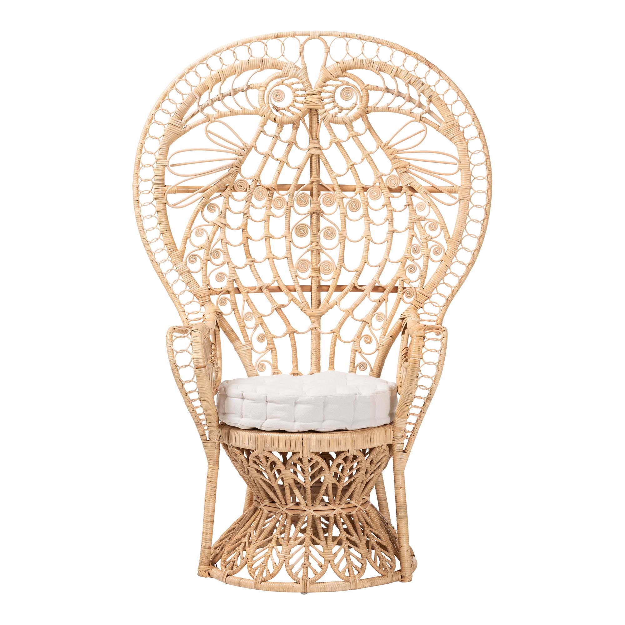 bali & pari Kimiko Natural Rattan Peacock Chair with Cushion - Handwoven Wicker Accent Chair with Fan Backrest, Boho Coastal Statement Seating for Living Room or Event