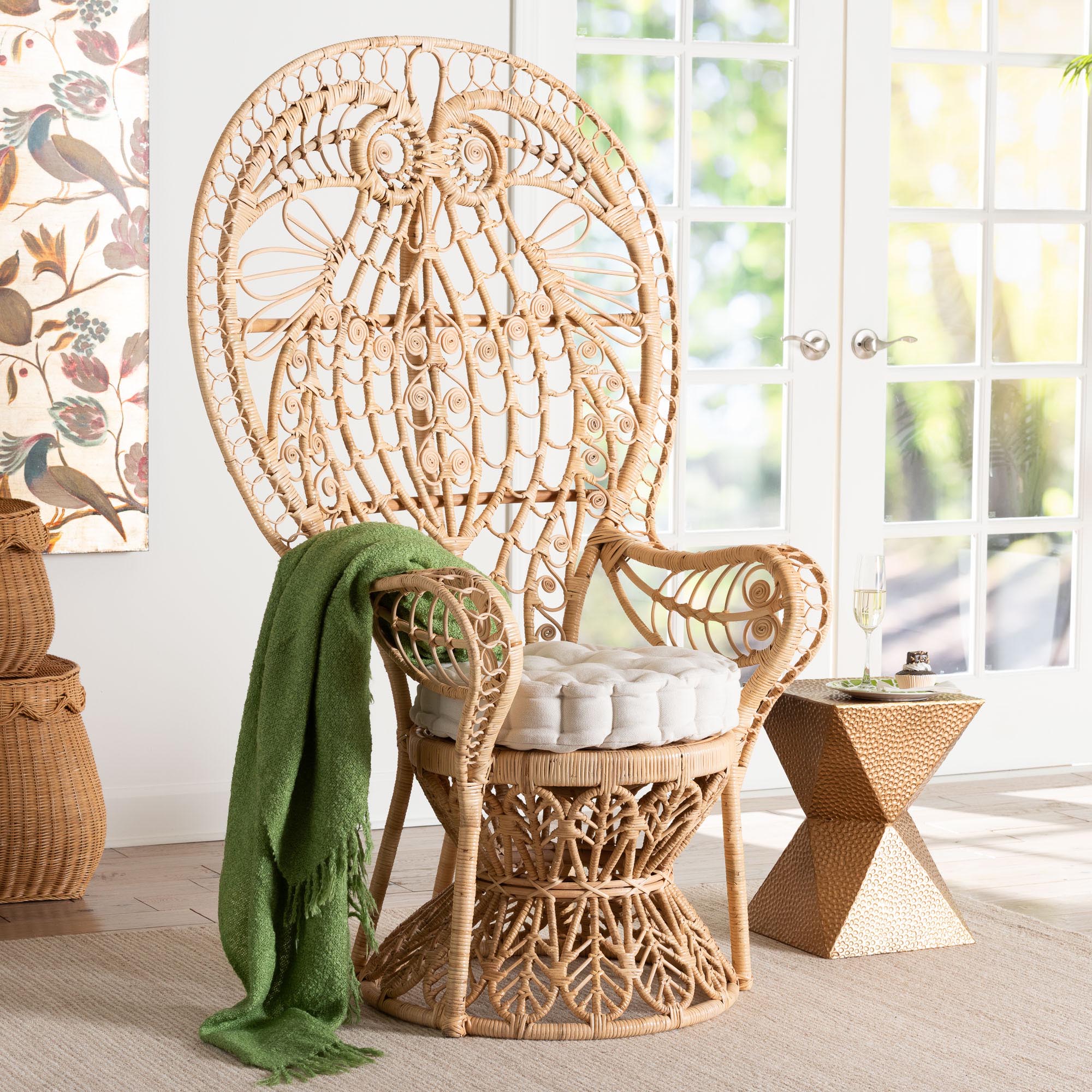 bali & pari Kimiko Natural Rattan Peacock Chair with Cushion - Handwoven Wicker Accent Chair with Fan Backrest, Boho Coastal Statement Seating for Living Room or Event