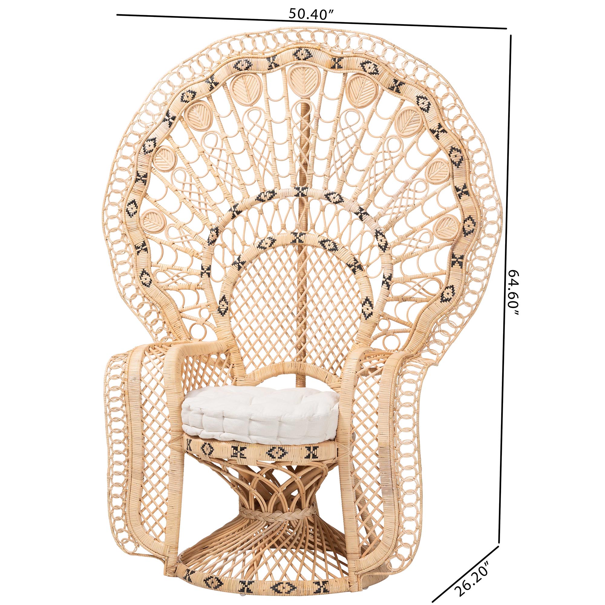 bali & pari Nafisa Natural Rattan Peacock Chair - Handwoven Wicker Accent Chair with Fan Backrest and Removable Cushion, Boho Coastal Accent Seating for Living Room or Events